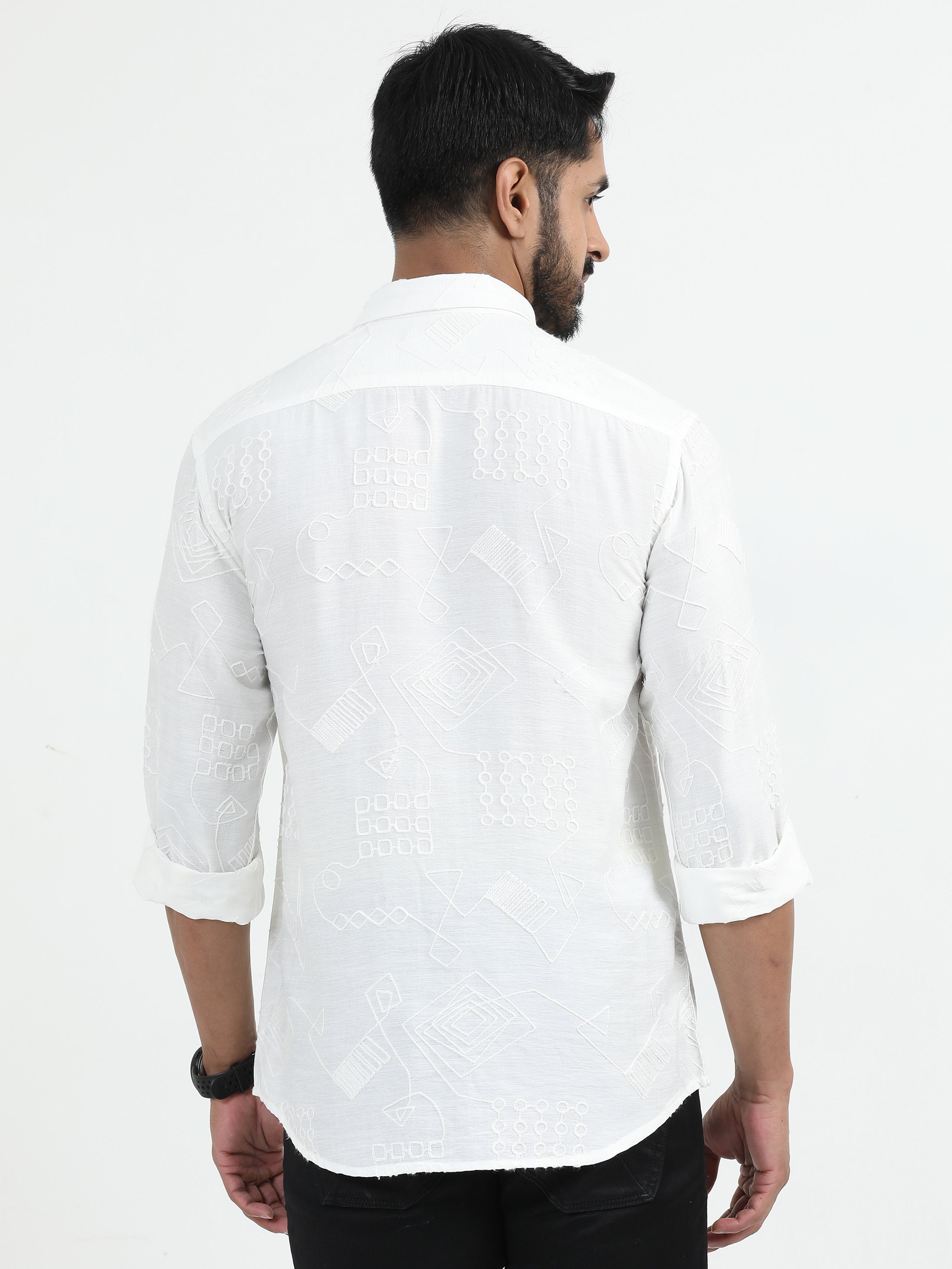 MEN'S WHITE PRINT SLIM FIT SHIRT