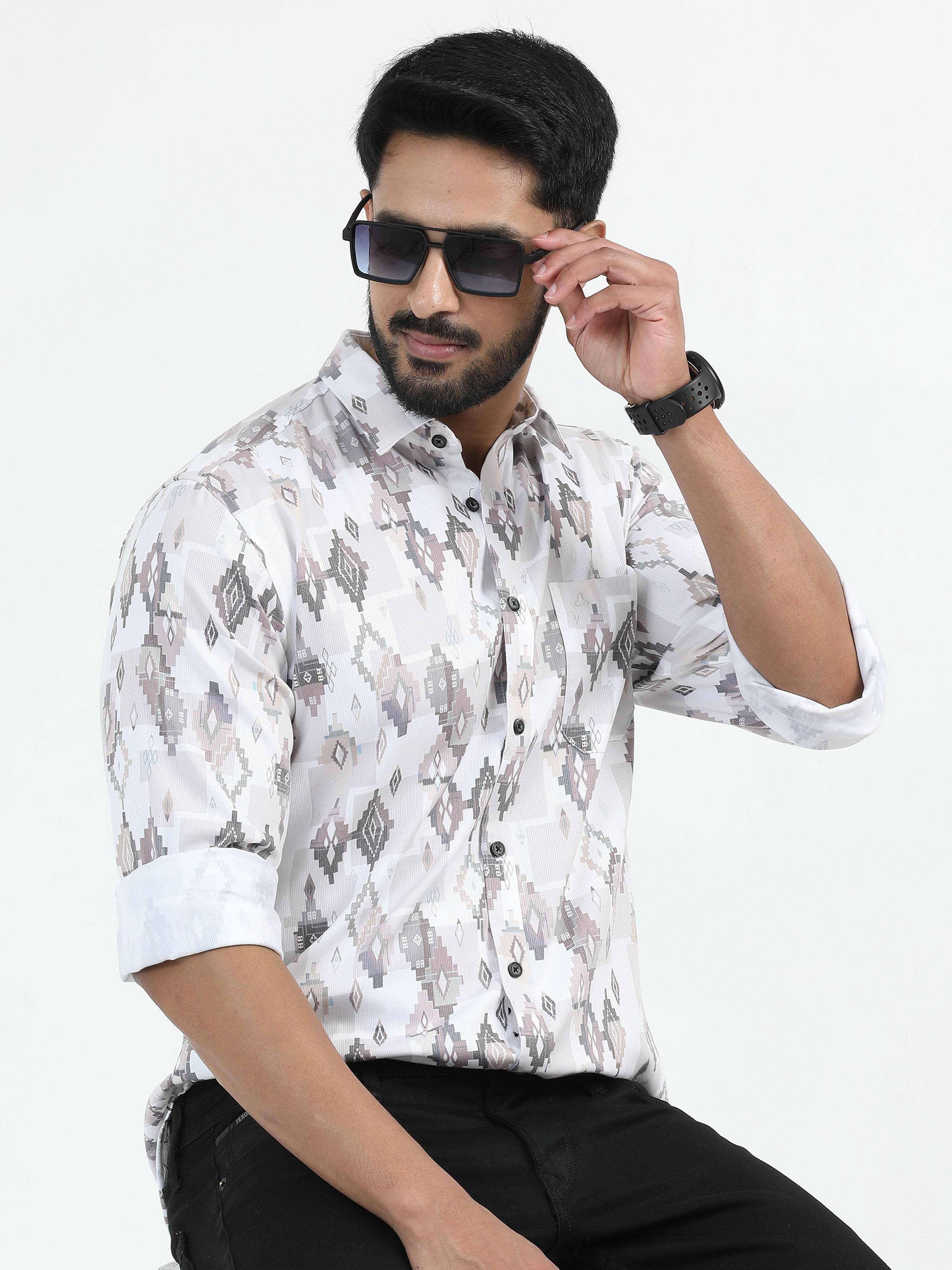 MEN'S WHITE PRINT SLIM FIT SHIRT