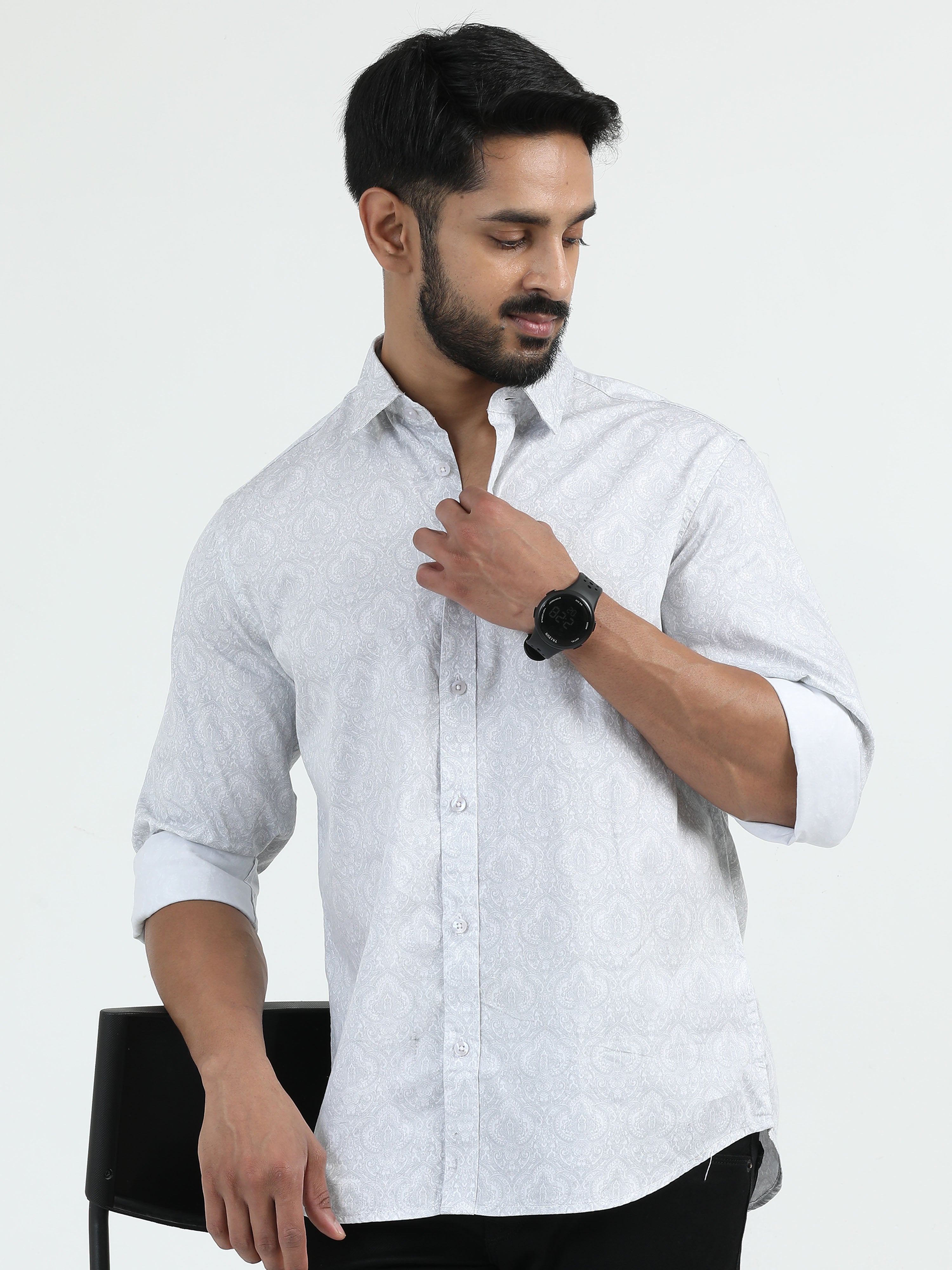 MEN'S LT.GREY PRINT SLIM FIT SHIRT