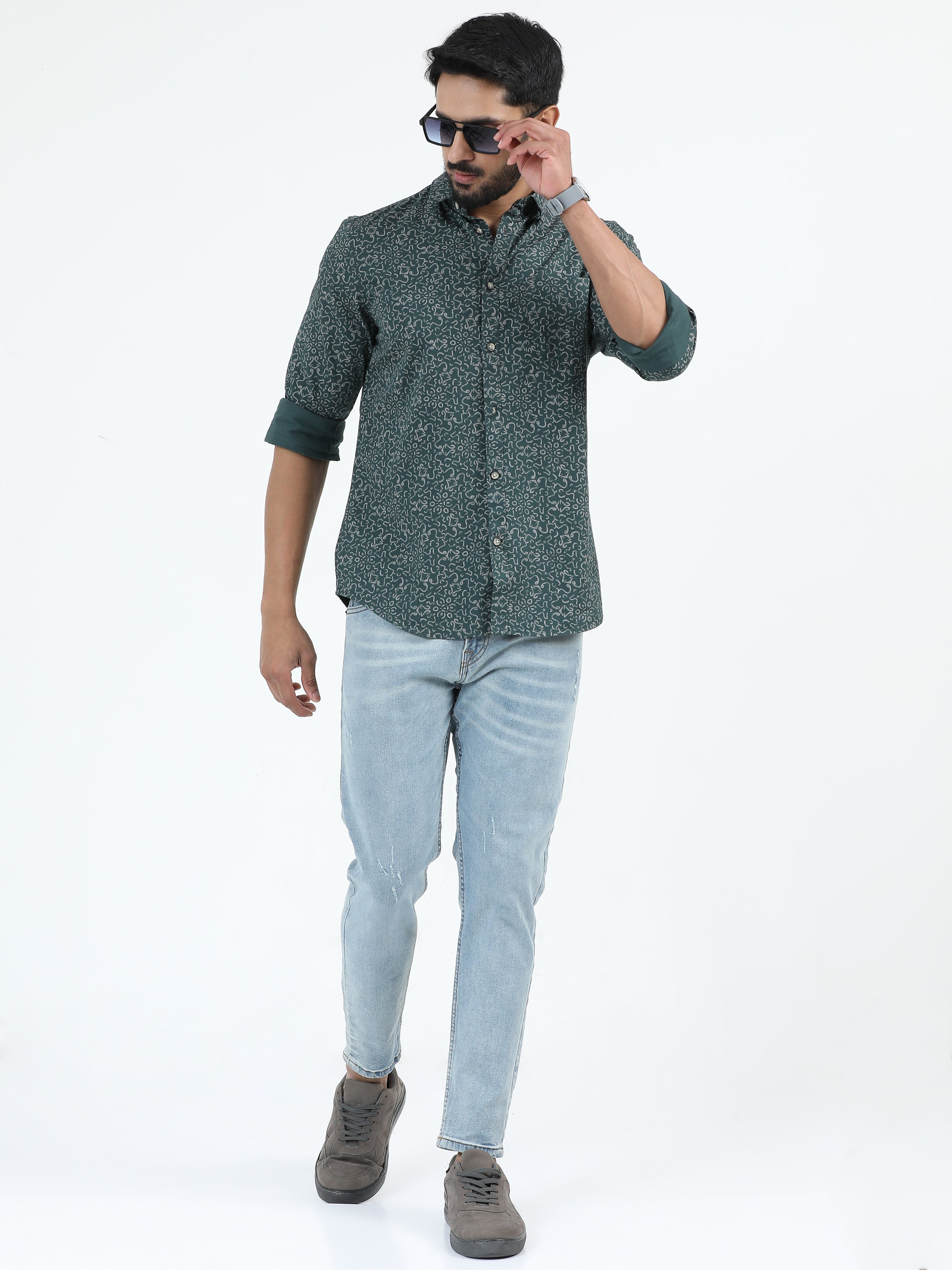 MEN'S GREEN PRINT SLIM FIT SHIRT