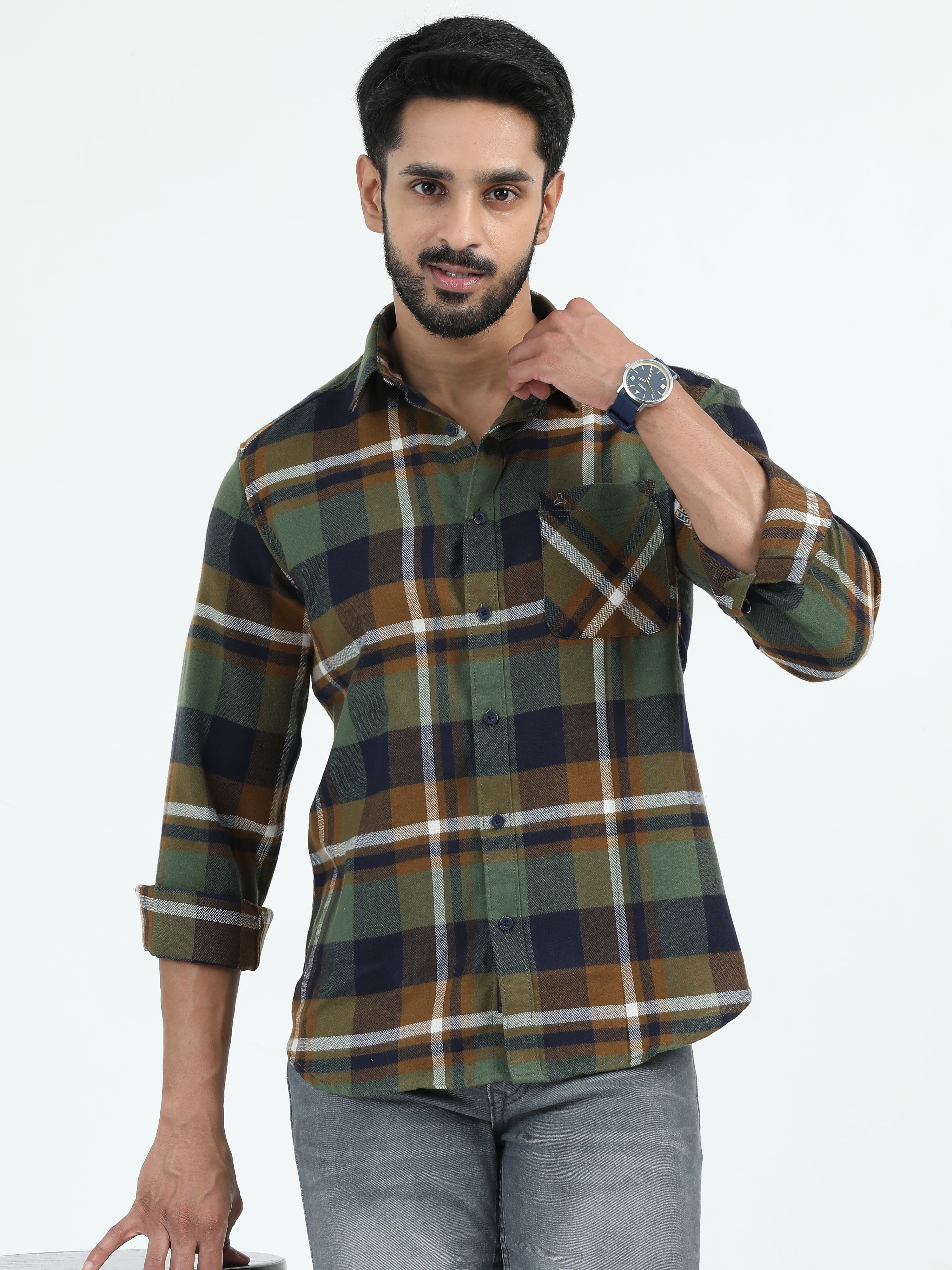 MEN'S GREEN CHECKS SLIM FIT SHIRT