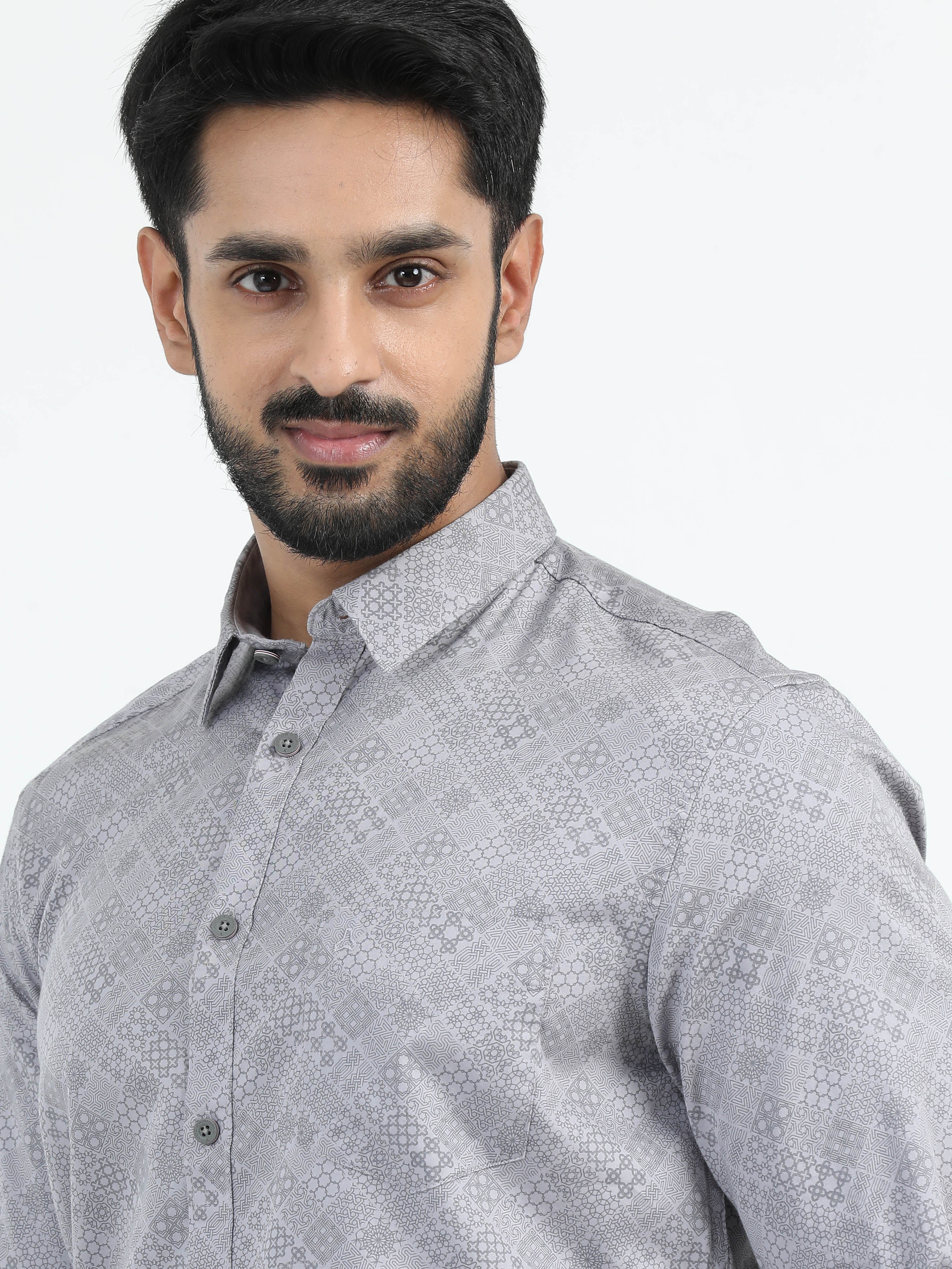 MEN'S GREY PRINT SLIM FIT SHIRT