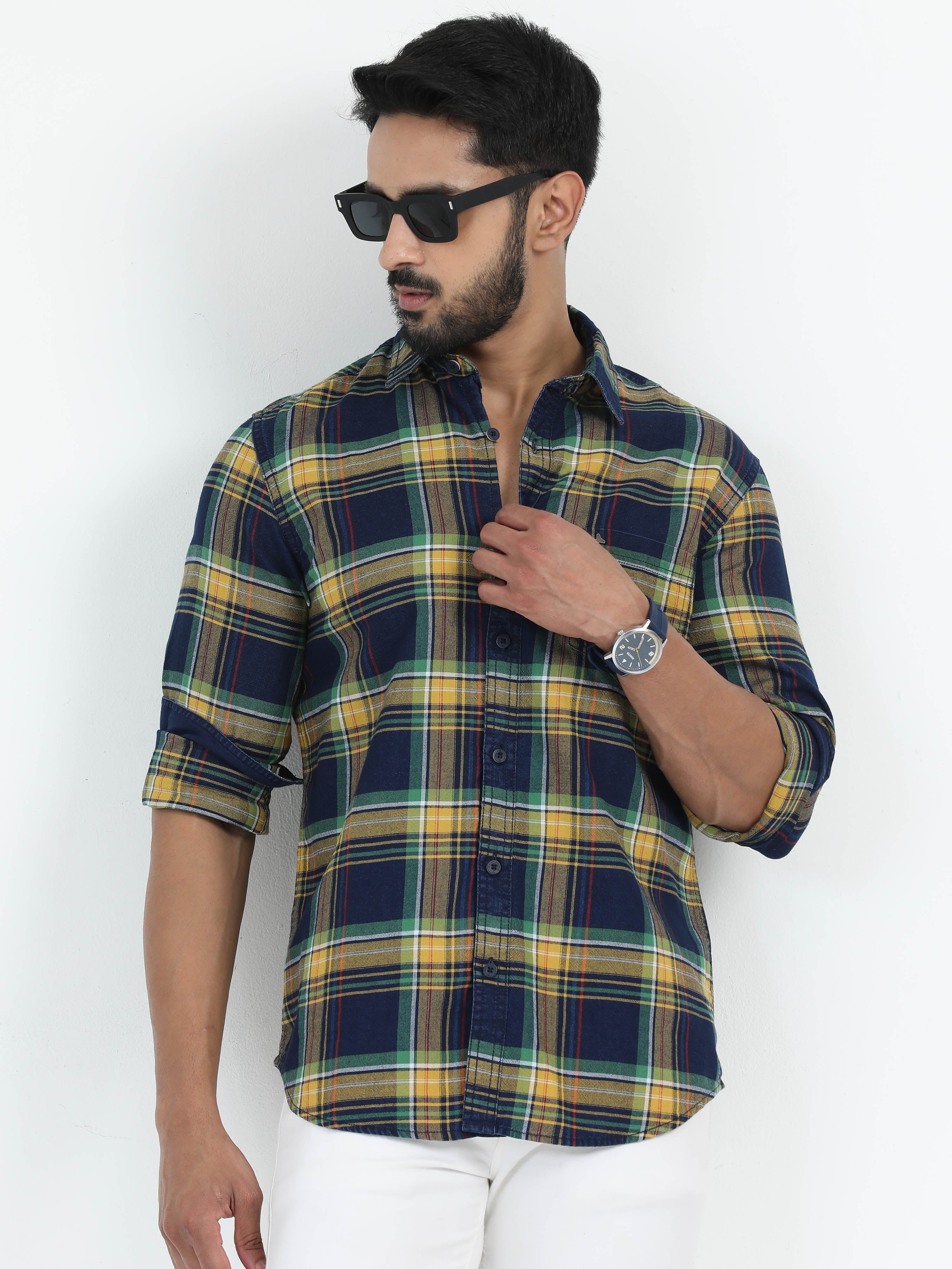 MEN'S YELLOW INDIGO CHECKS SLIM FIT SHIRT
