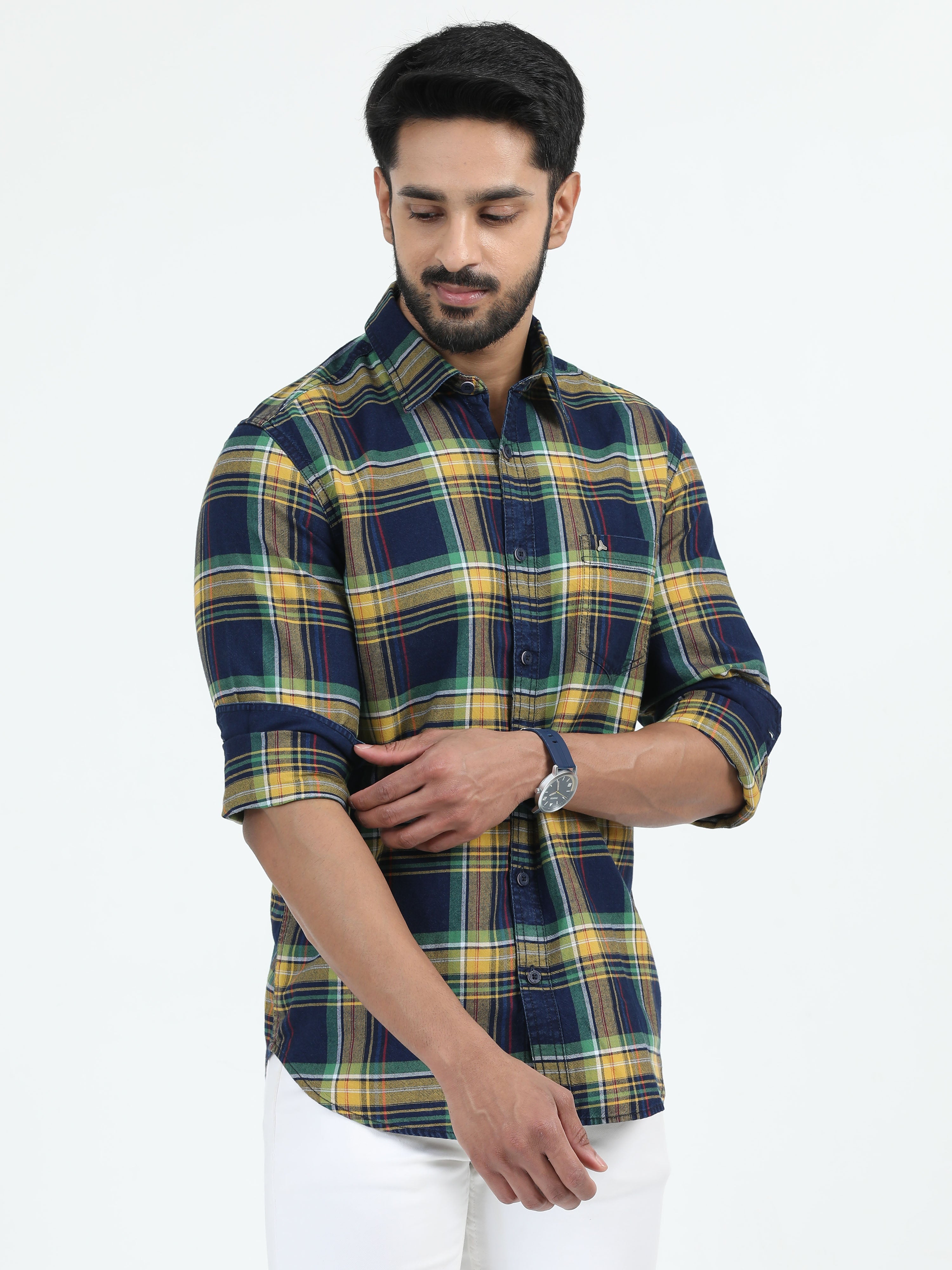 MEN'S YELLOW INDIGO CHECKS SLIM FIT SHIRT