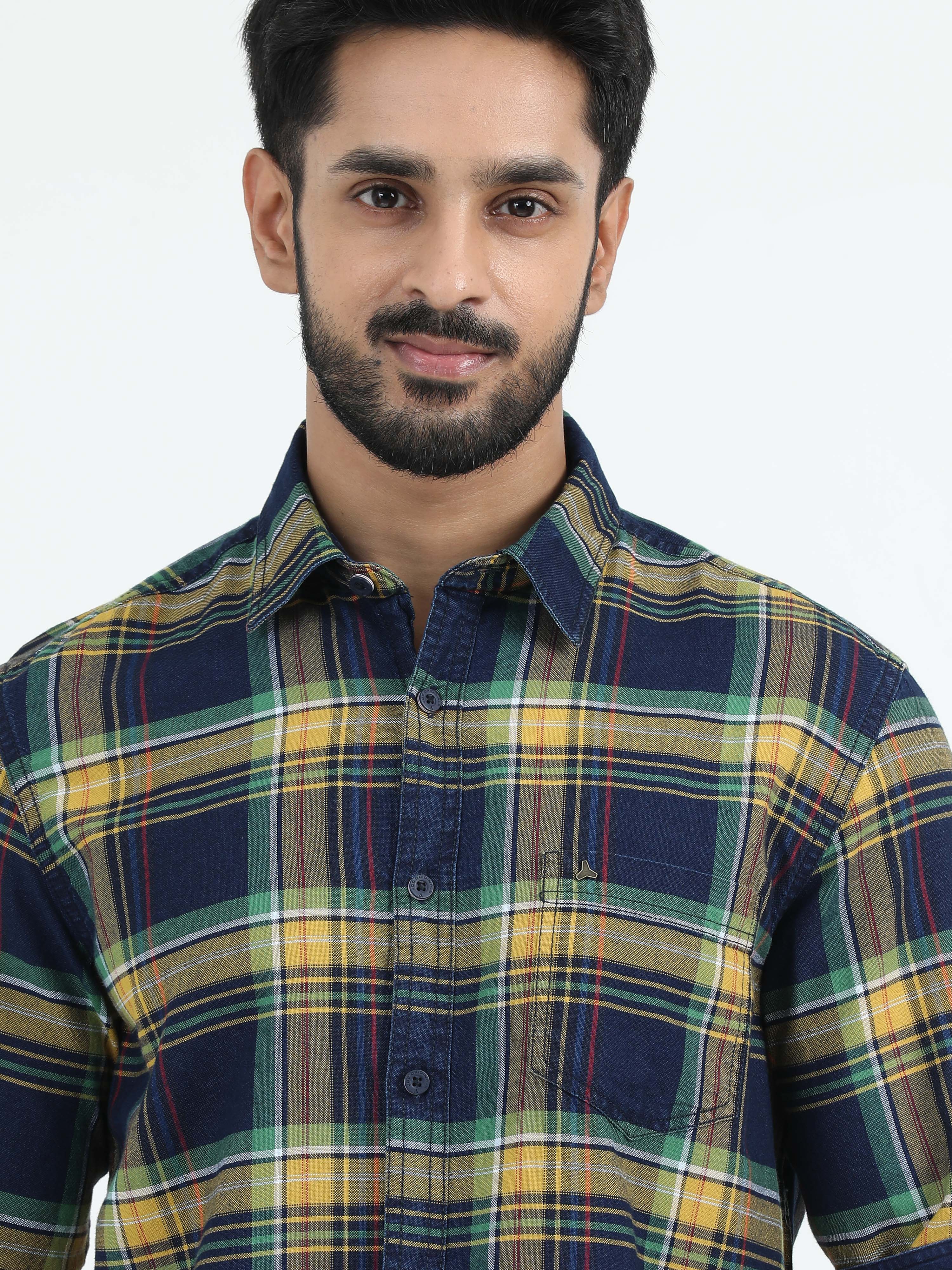MEN'S YELLOW INDIGO CHECKS SLIM FIT SHIRT