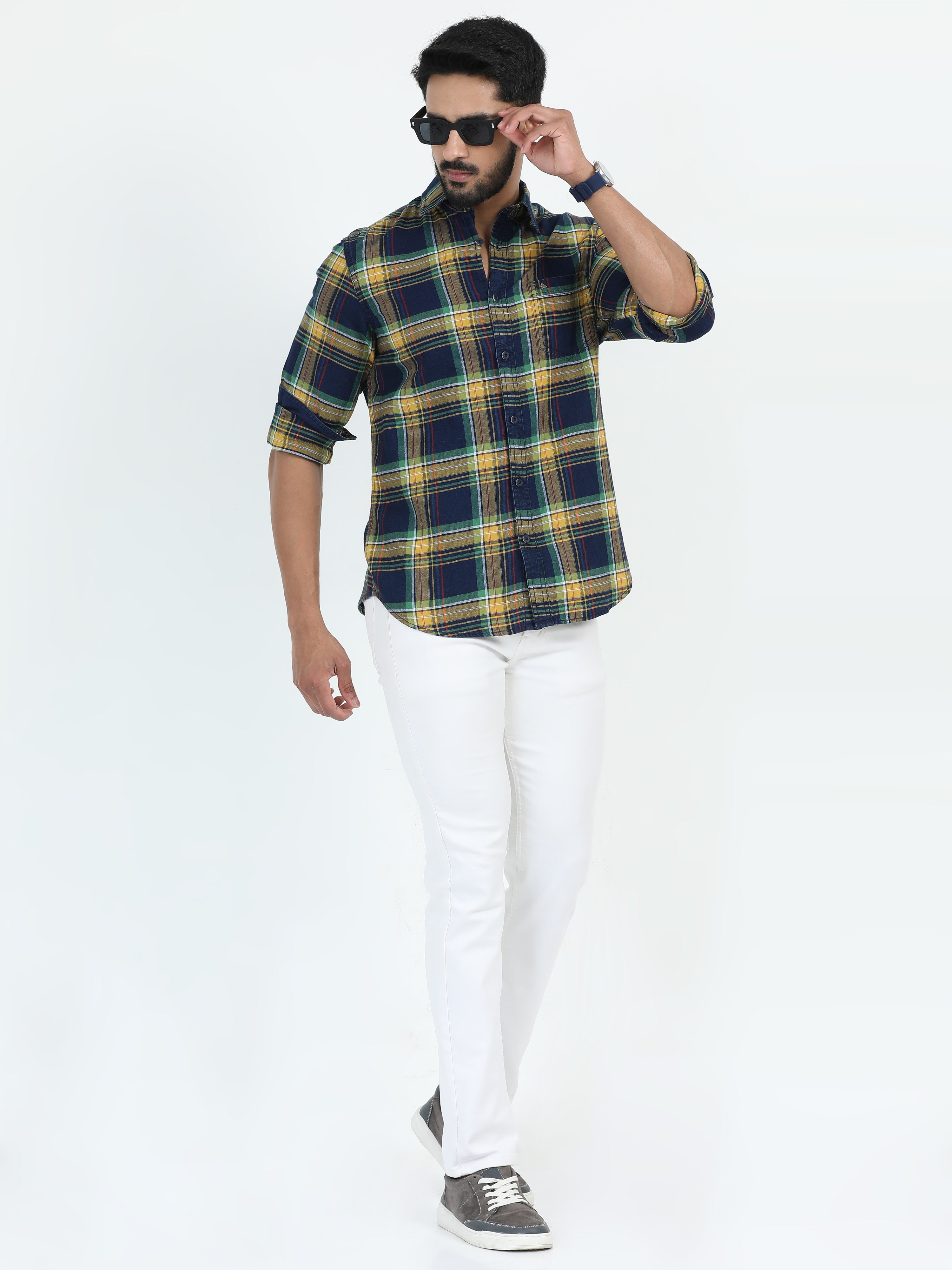 MEN'S YELLOW INDIGO CHECKS SLIM FIT SHIRT