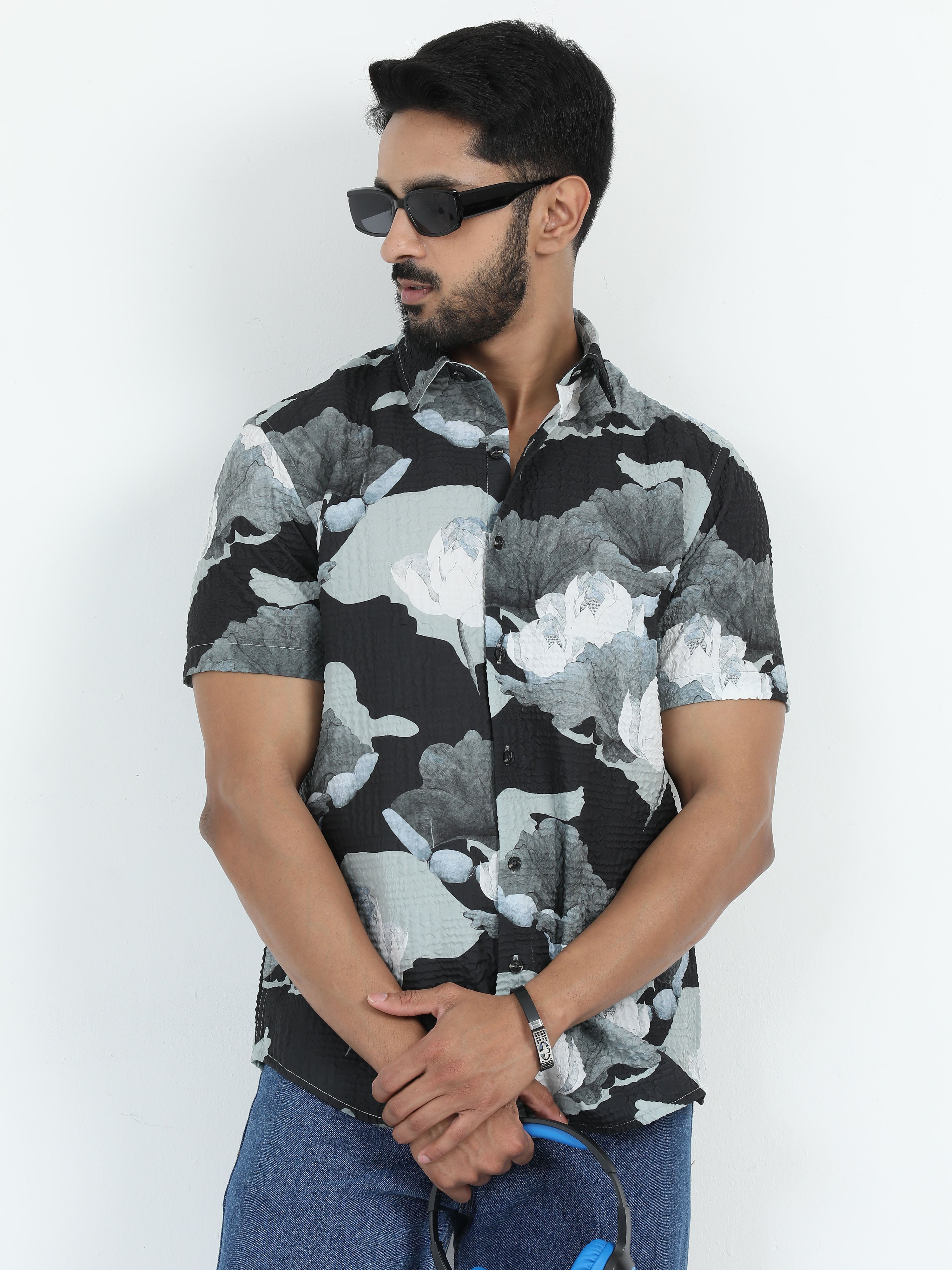 MEN'S OLIVE PRINT SLIM FIT SHIRT
