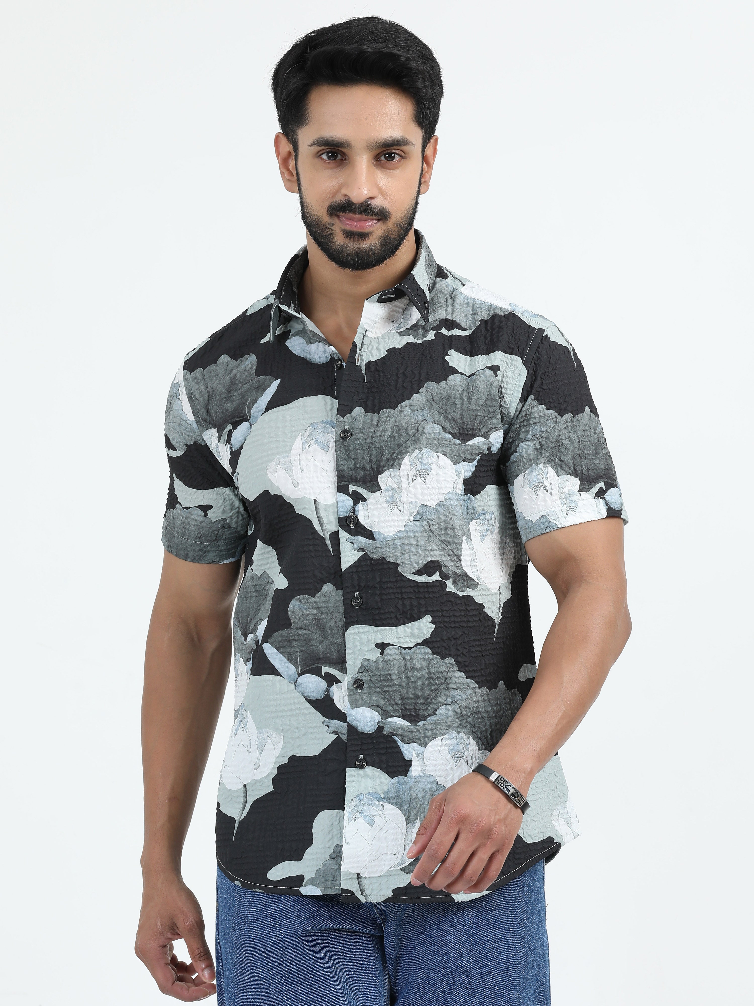 MEN'S OLIVE PRINT SLIM FIT SHIRT