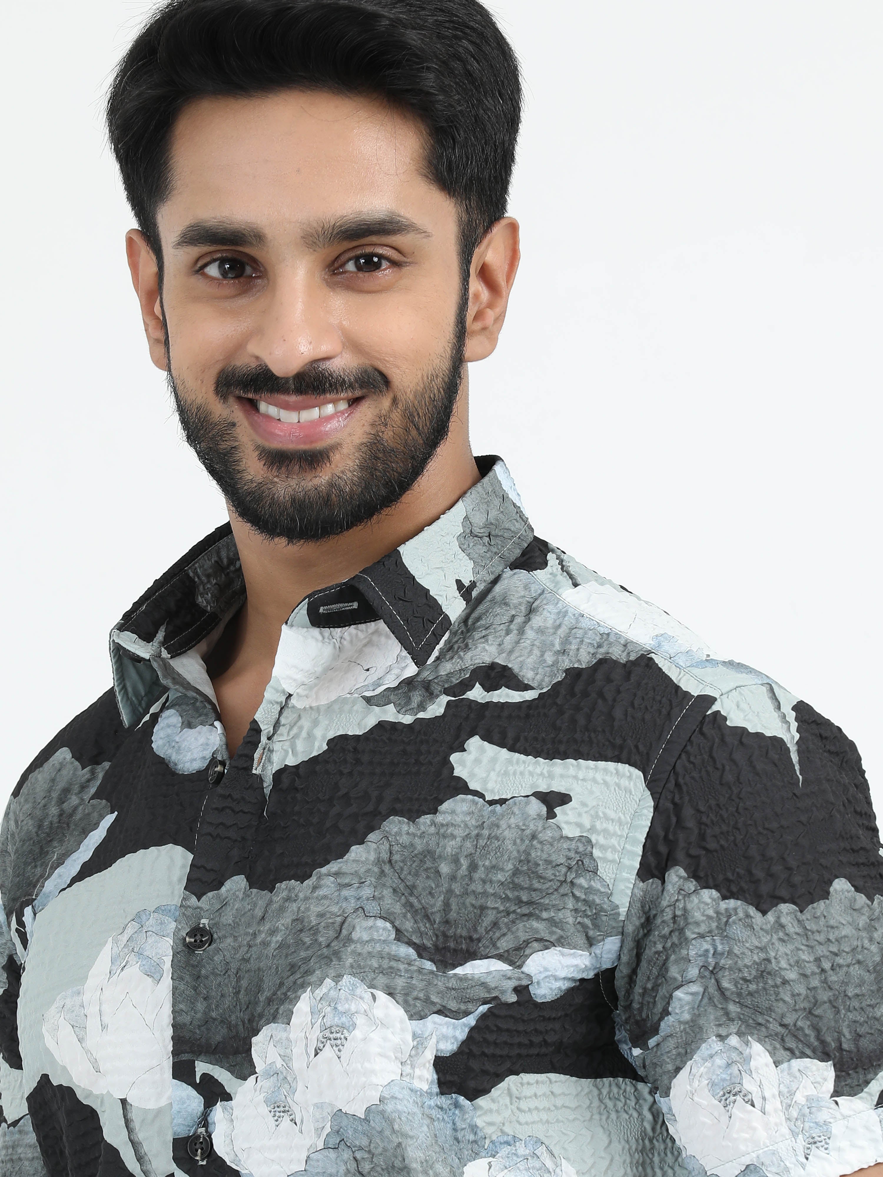 MEN'S OLIVE PRINT SLIM FIT SHIRT