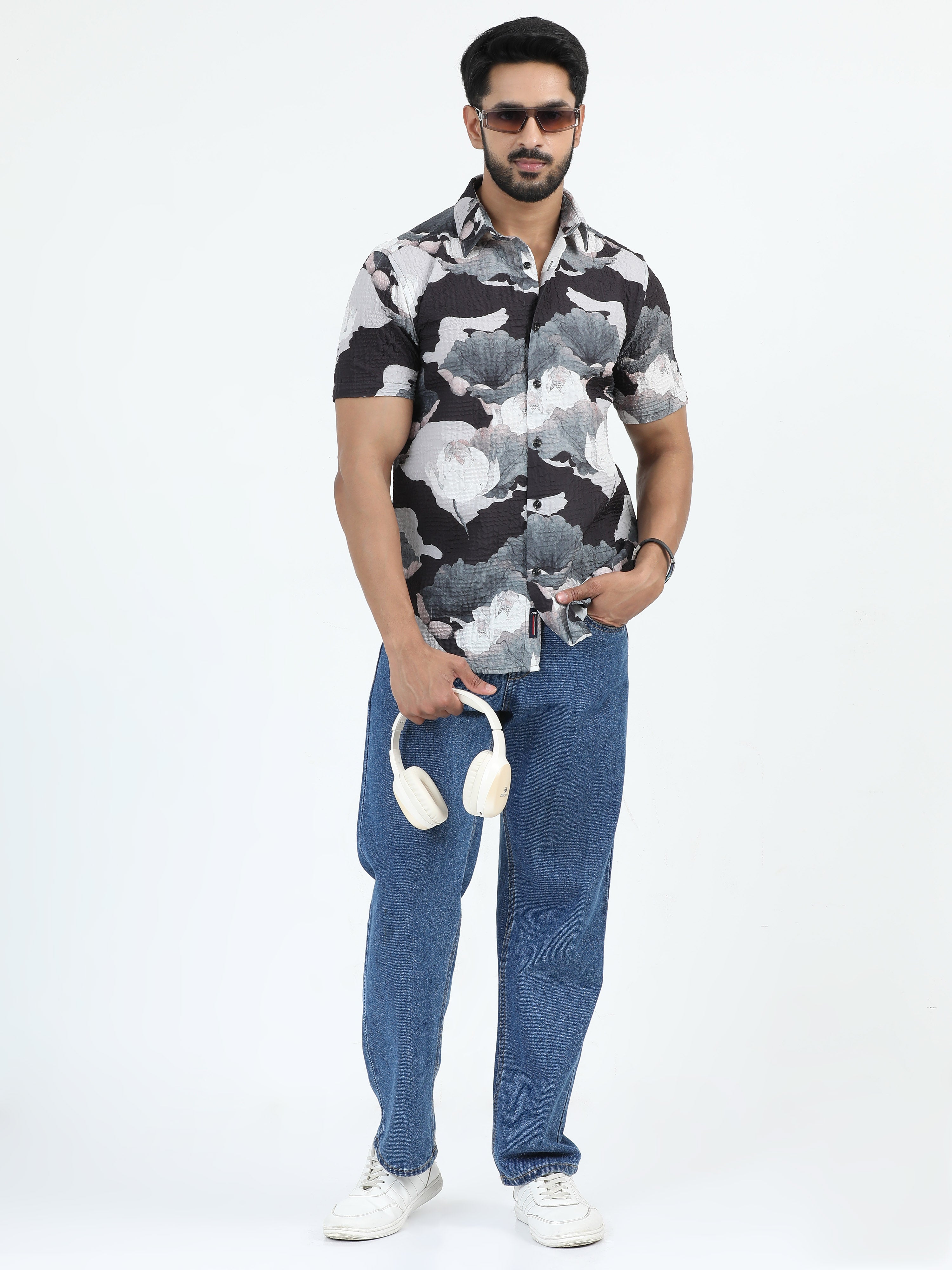 MEN'S BLACK PRINT SLIM FIT SHIRT