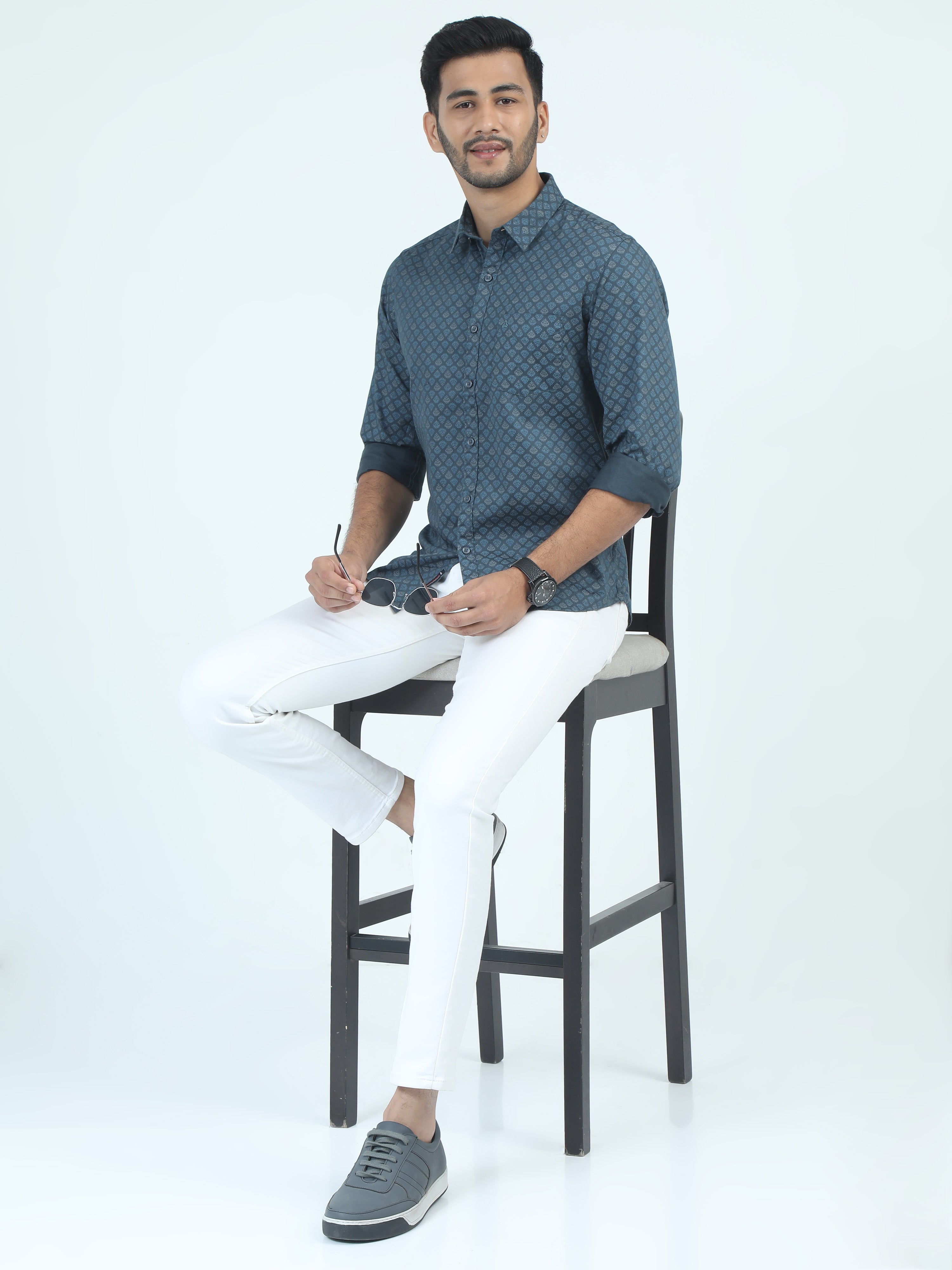 MEN'S P.GREEN PRINT SLIM FIT SHIRT