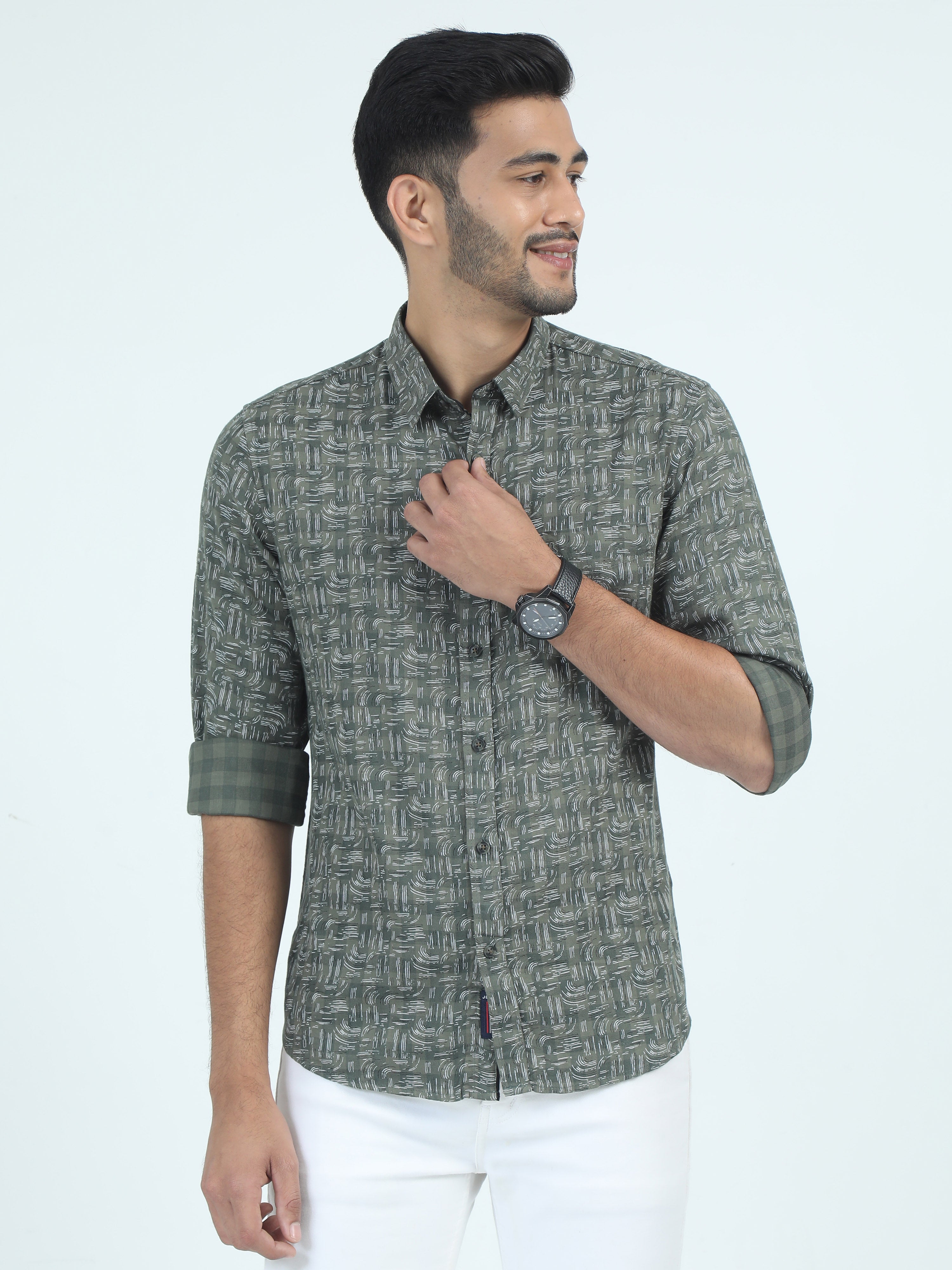 MEN'S GREEN PRINT SLIM FIT SHIRT