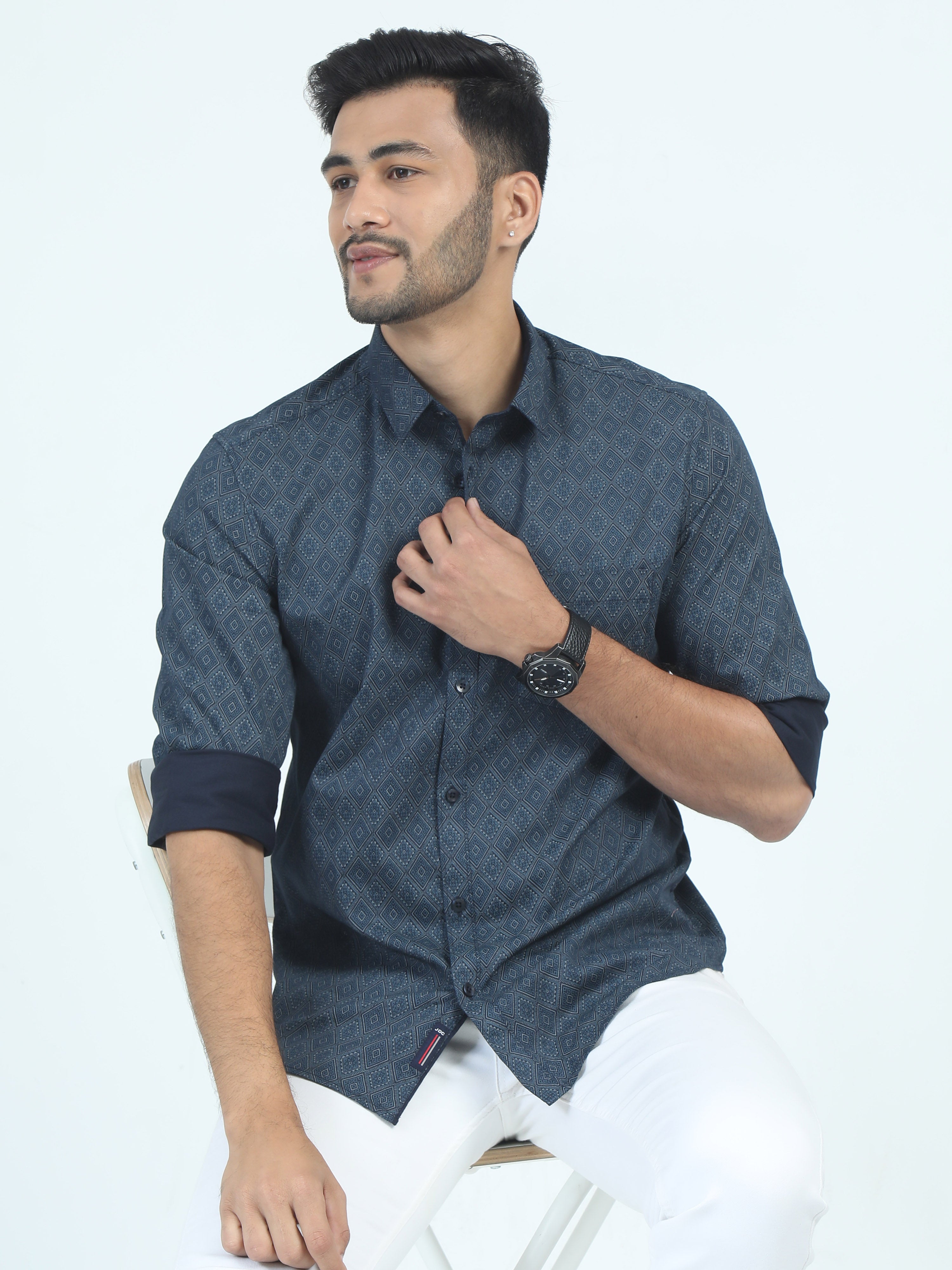 MEN'S TURQUOISE PRINT SLIM FIT SHIRT