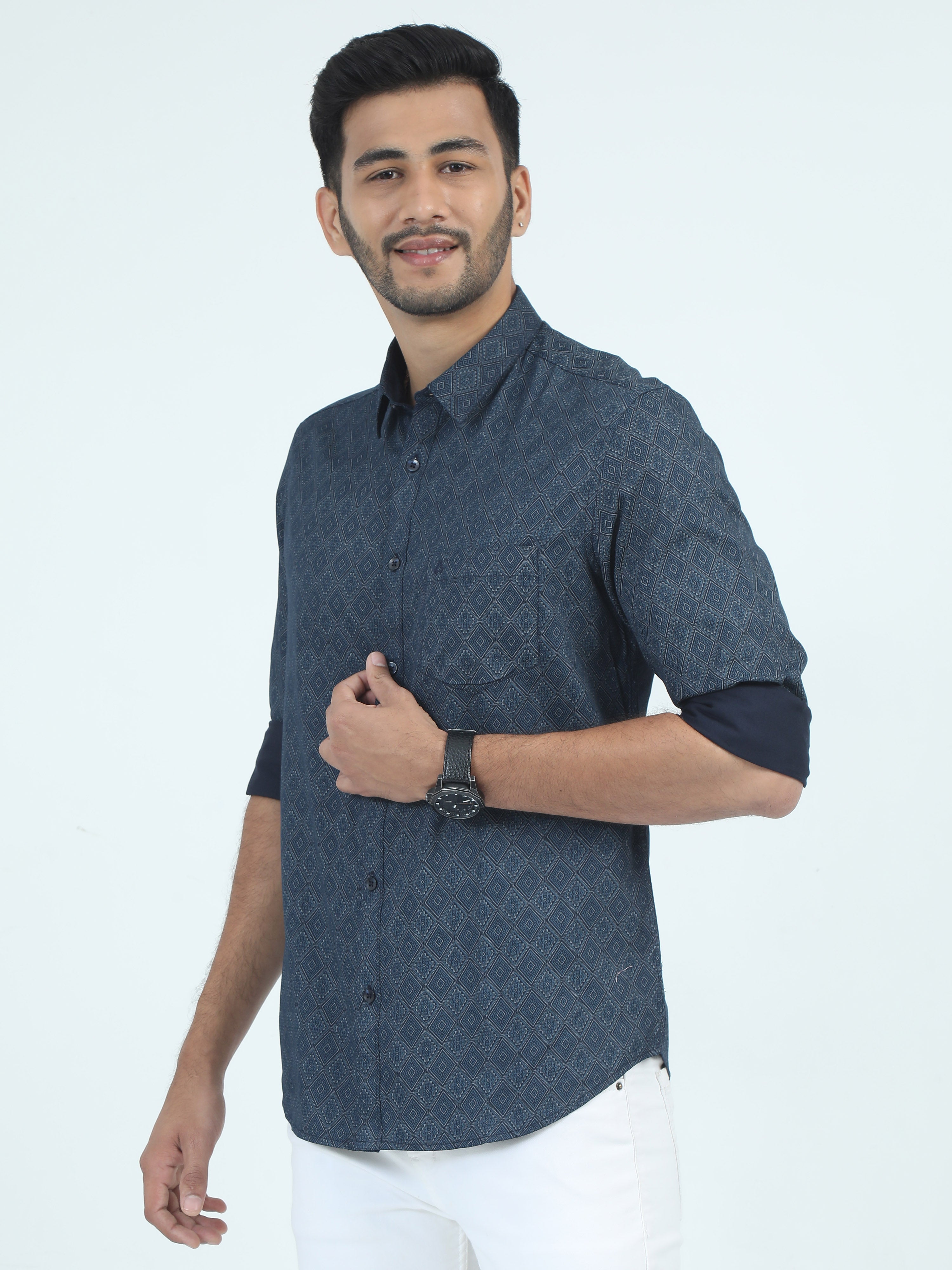 MEN'S TURQUOISE PRINT SLIM FIT SHIRT