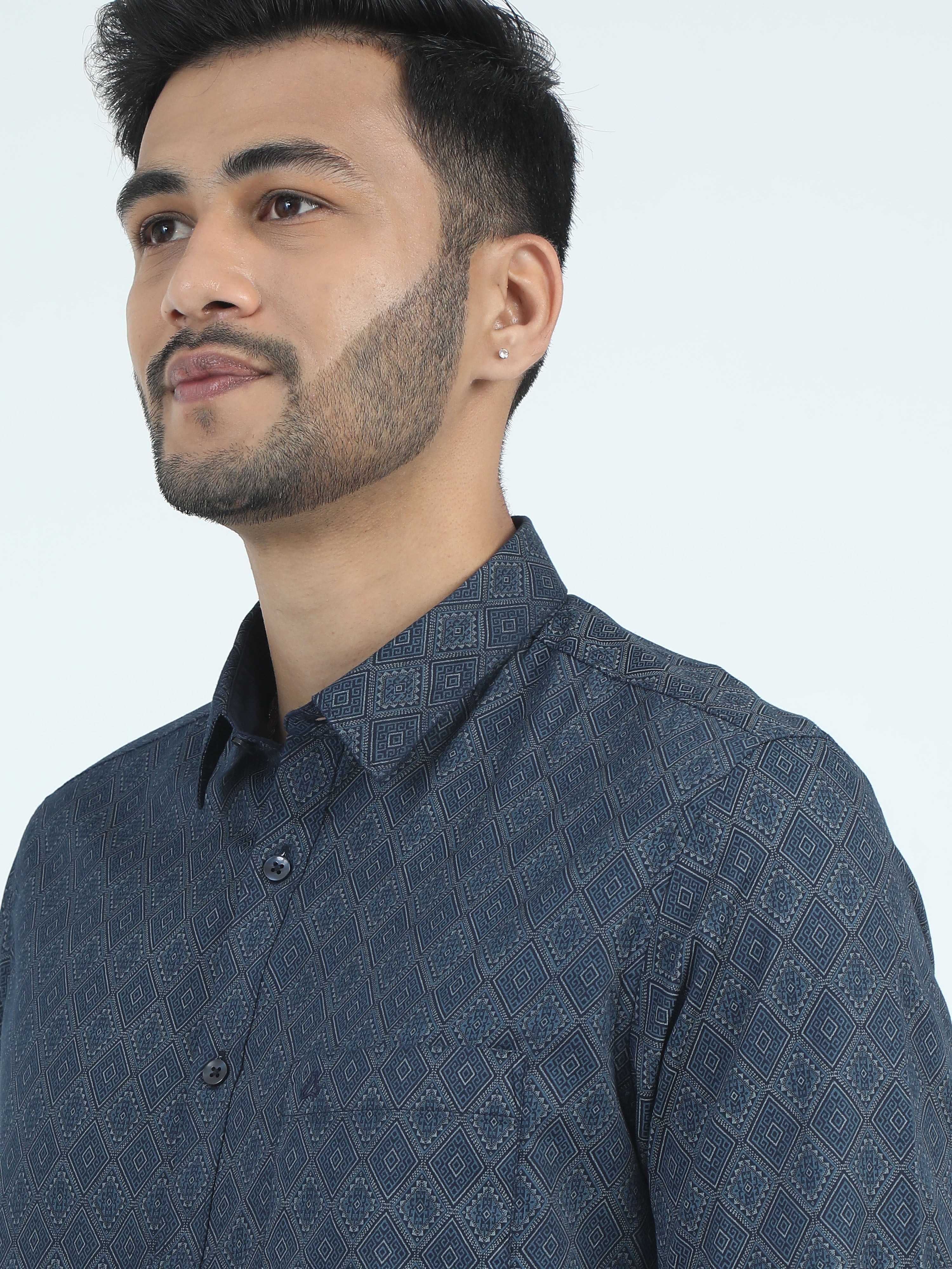 MEN'S TURQUOISE PRINT SLIM FIT SHIRT