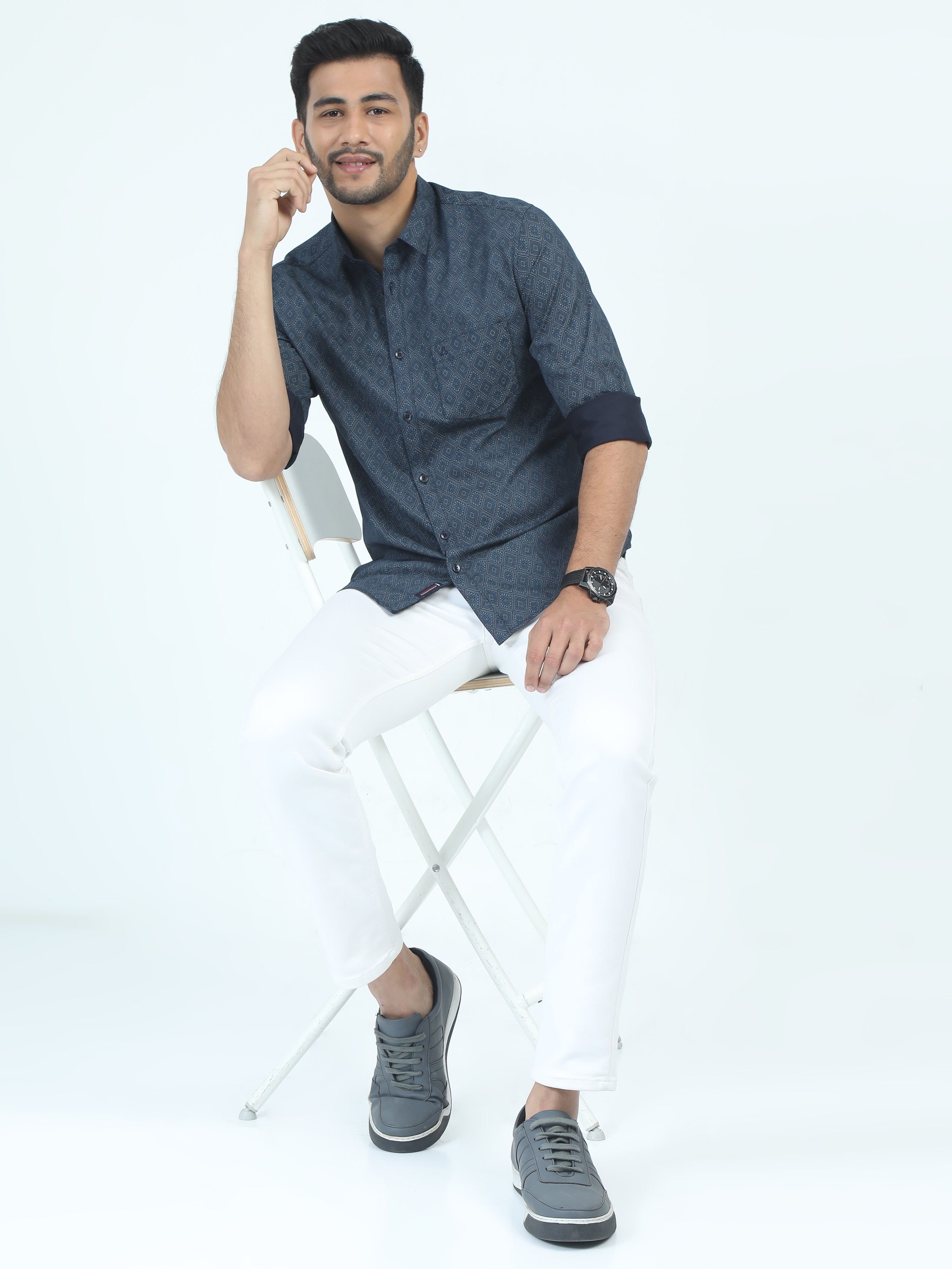 MEN'S TURQUOISE PRINT SLIM FIT SHIRT