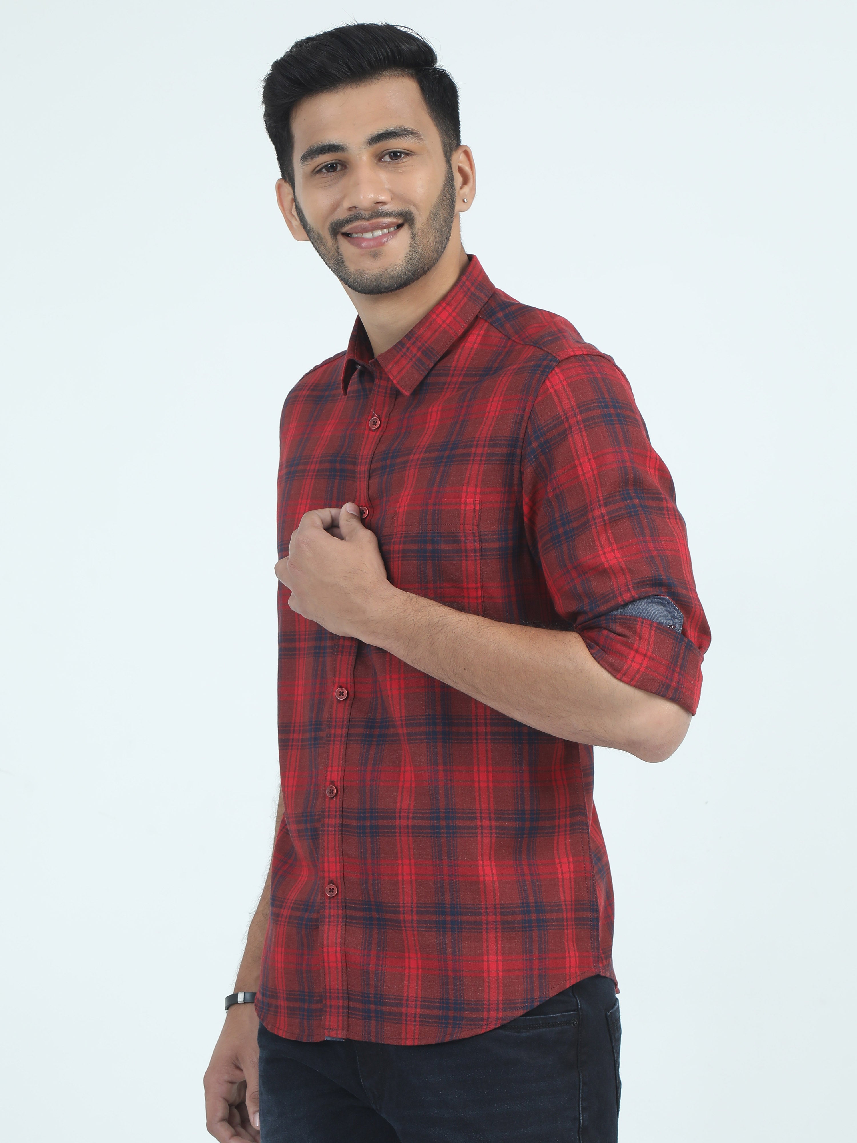 MEN'S RED CHECKS SLIM FIT SHIRT