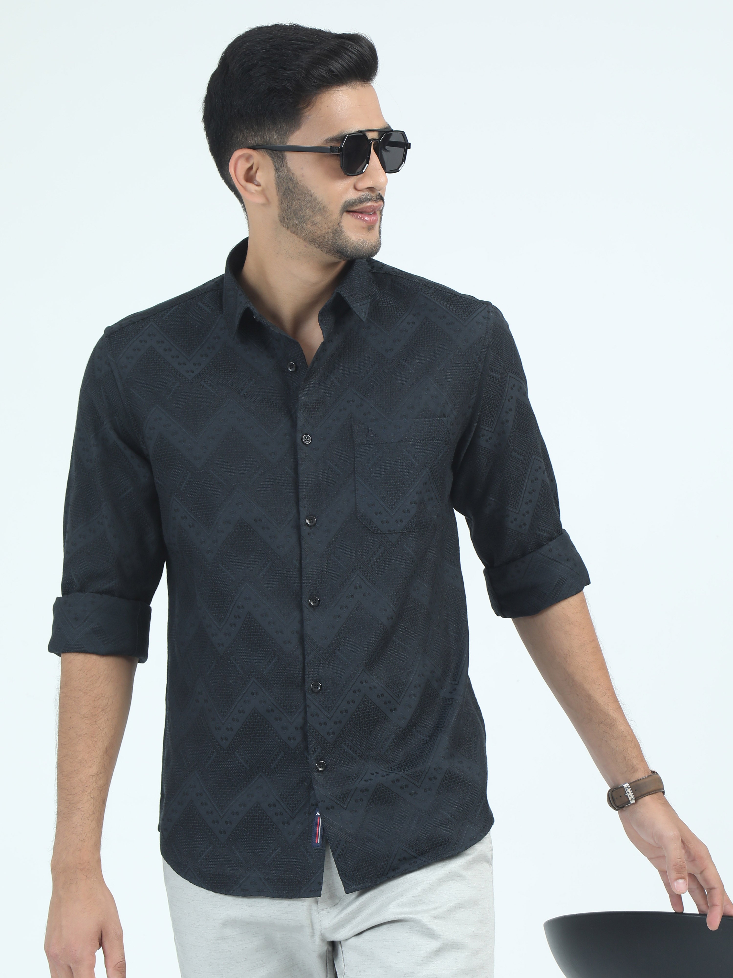 MEN'S BLACK PRINT SLIM FIT SHIRT