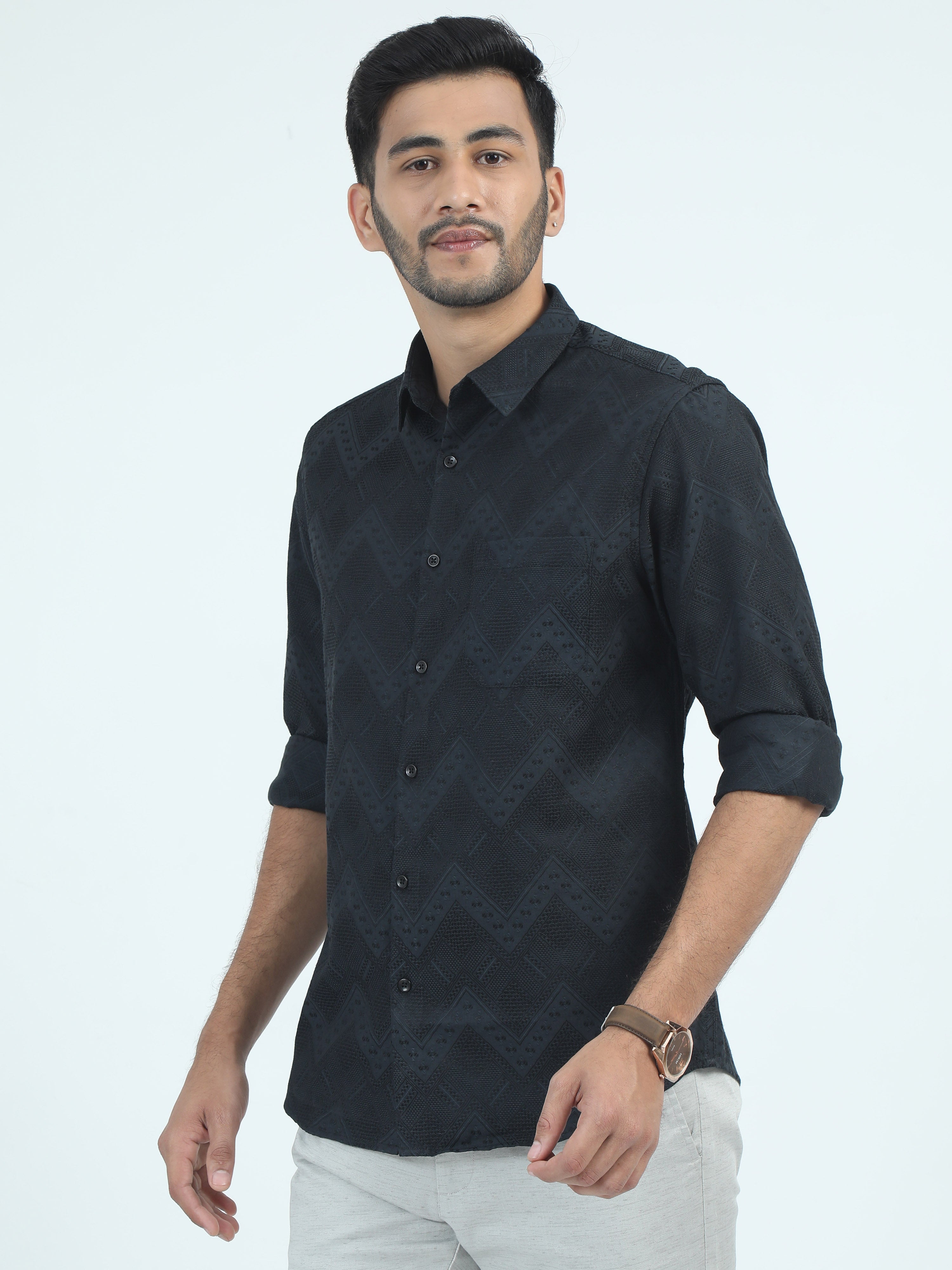 MEN'S BLACK PRINT SLIM FIT SHIRT