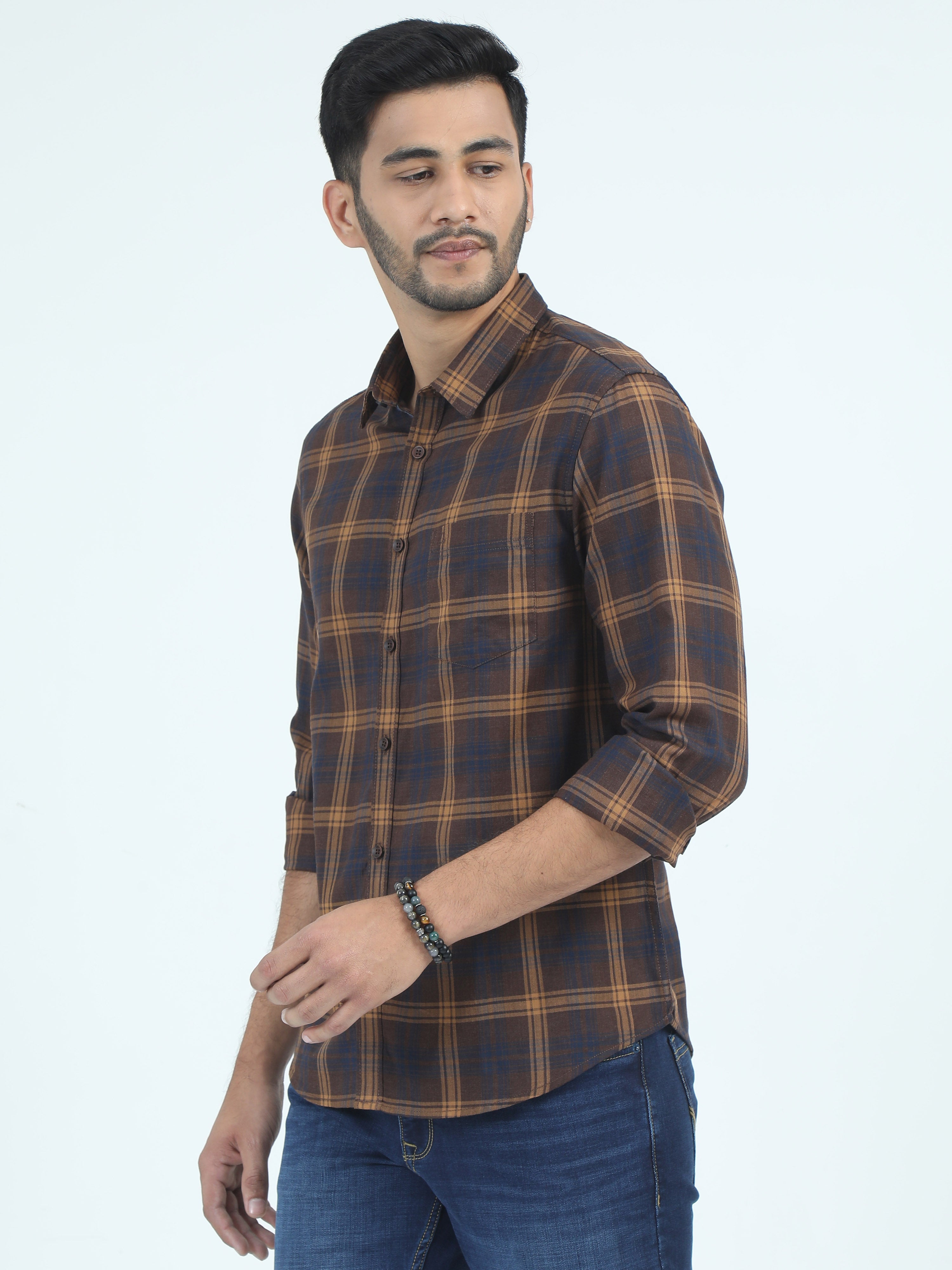 MEN'S DK.BROWN CHECKS SLIM FIT SHIRT