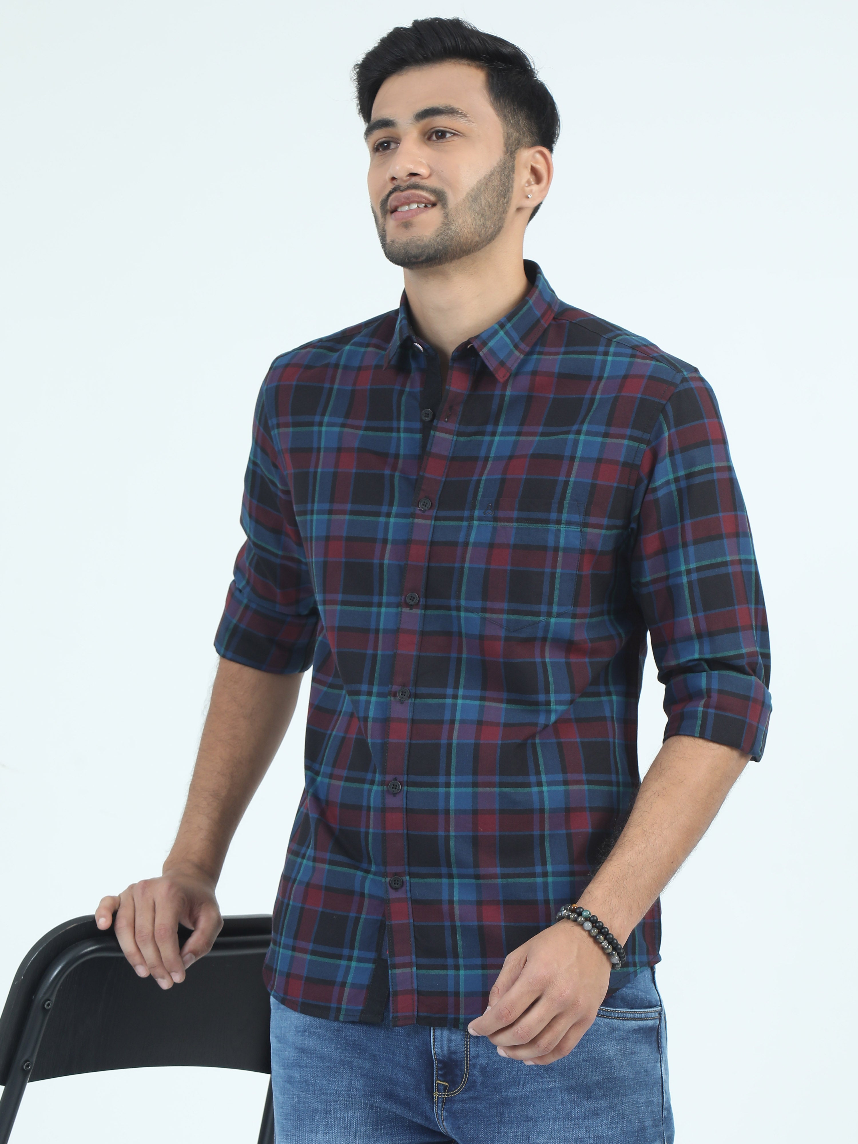 MEN'S MAROON CHECKS SLIM FIT SHIRT