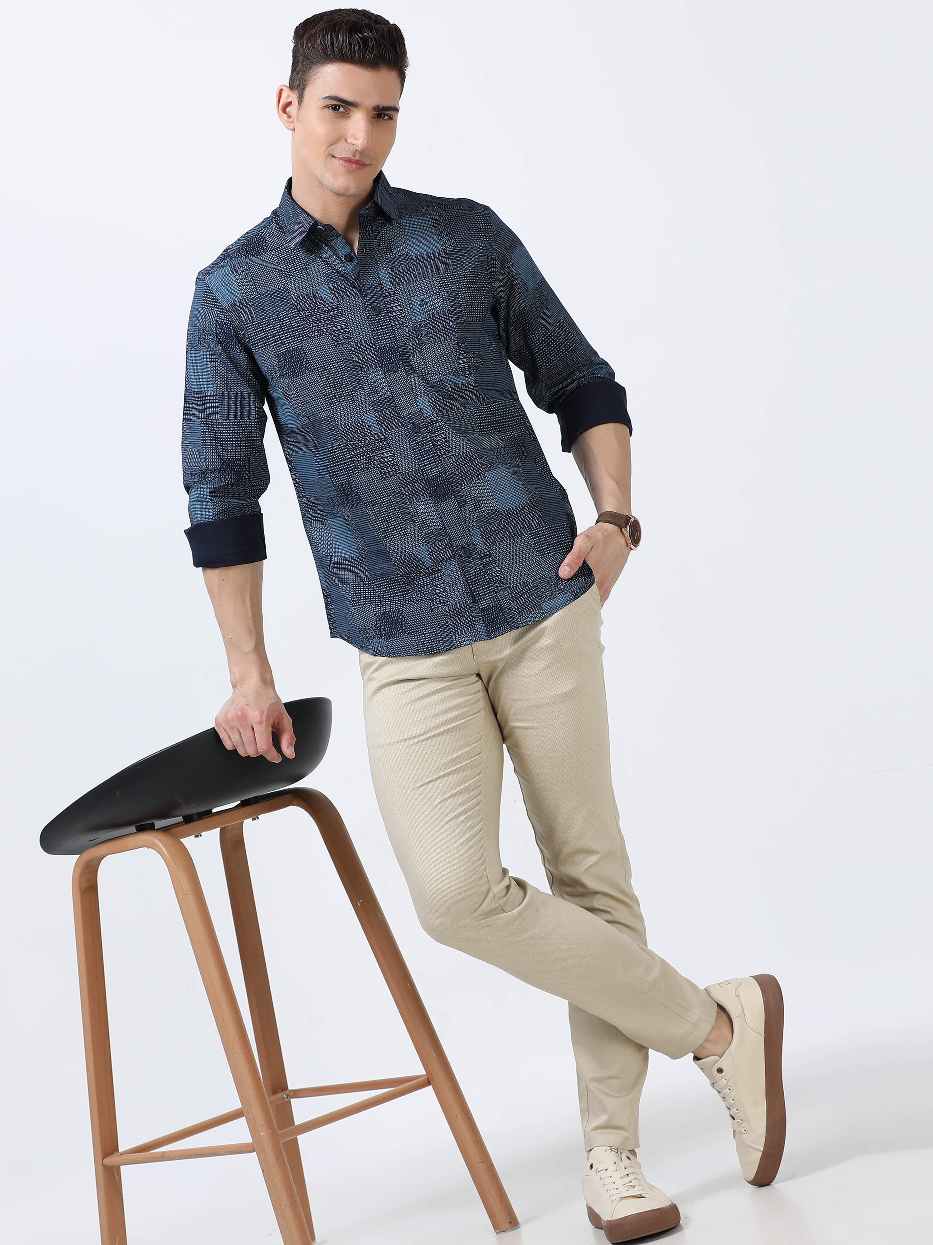 MEN'S KHAKI PRINT SLIM FIT TROUSER