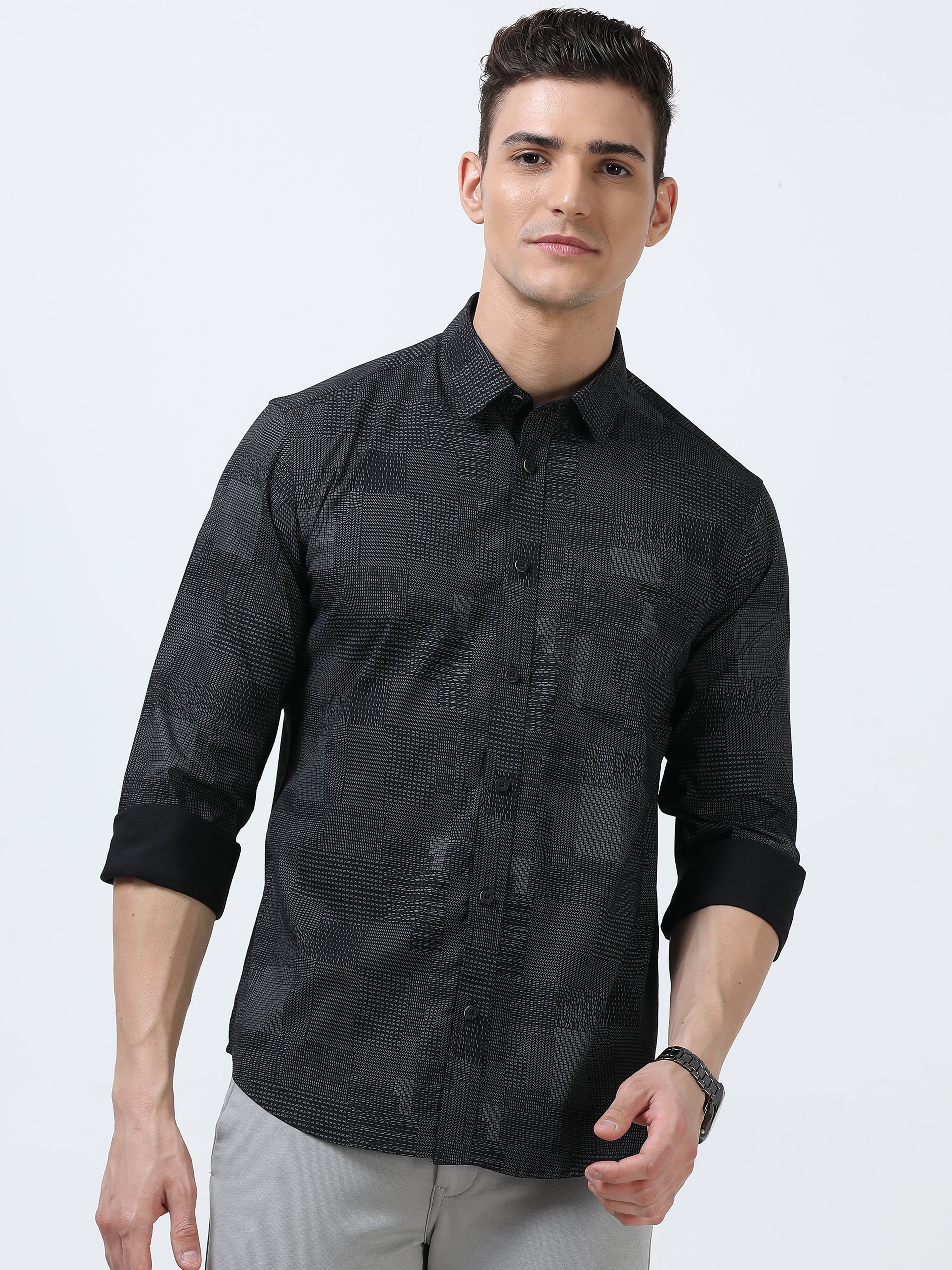 MEN'S BLACK PRINT SLIM FIT SHIRT
