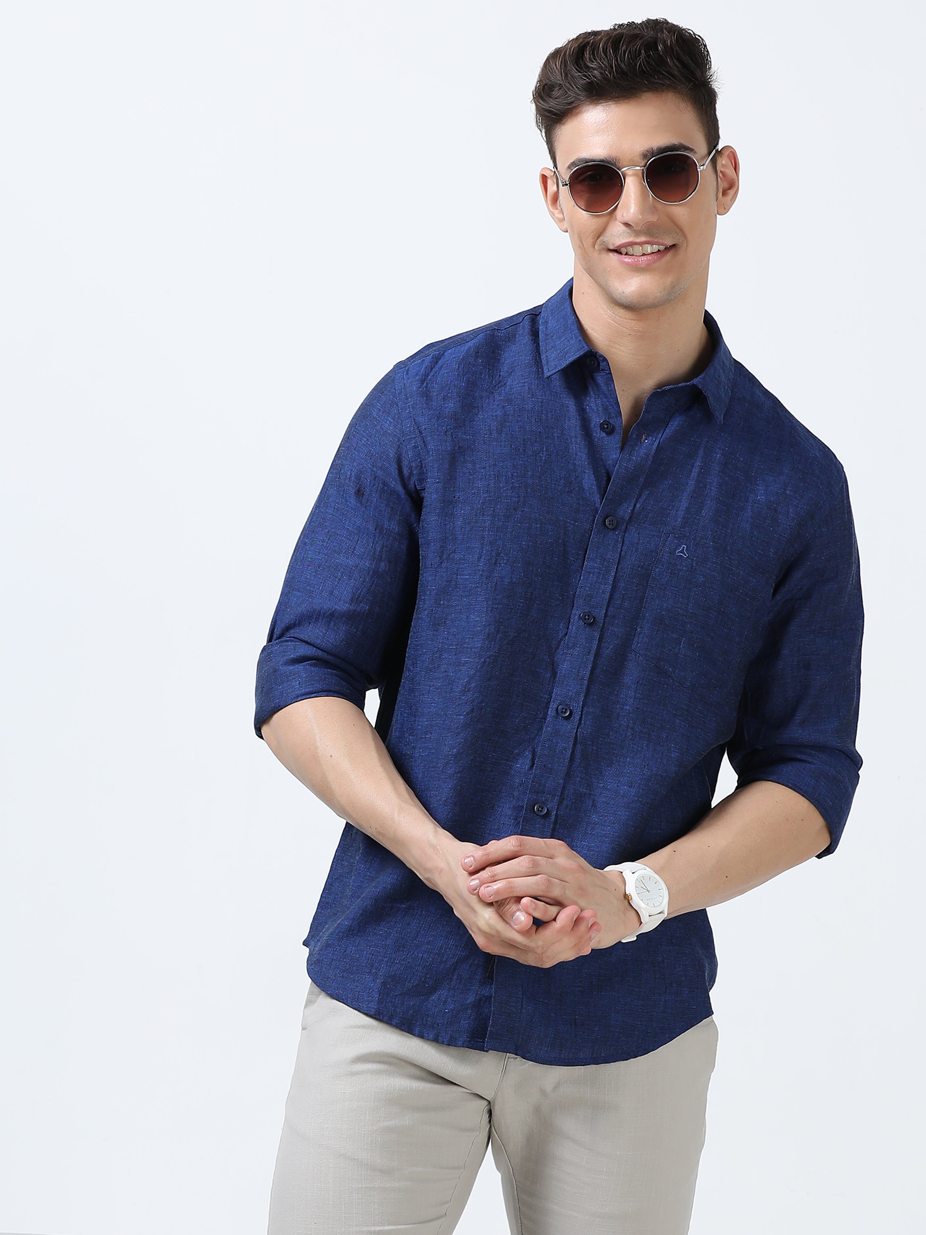 MEN'S LINEN ROYAL BLUE SOLID SLIM FIT SHIRT