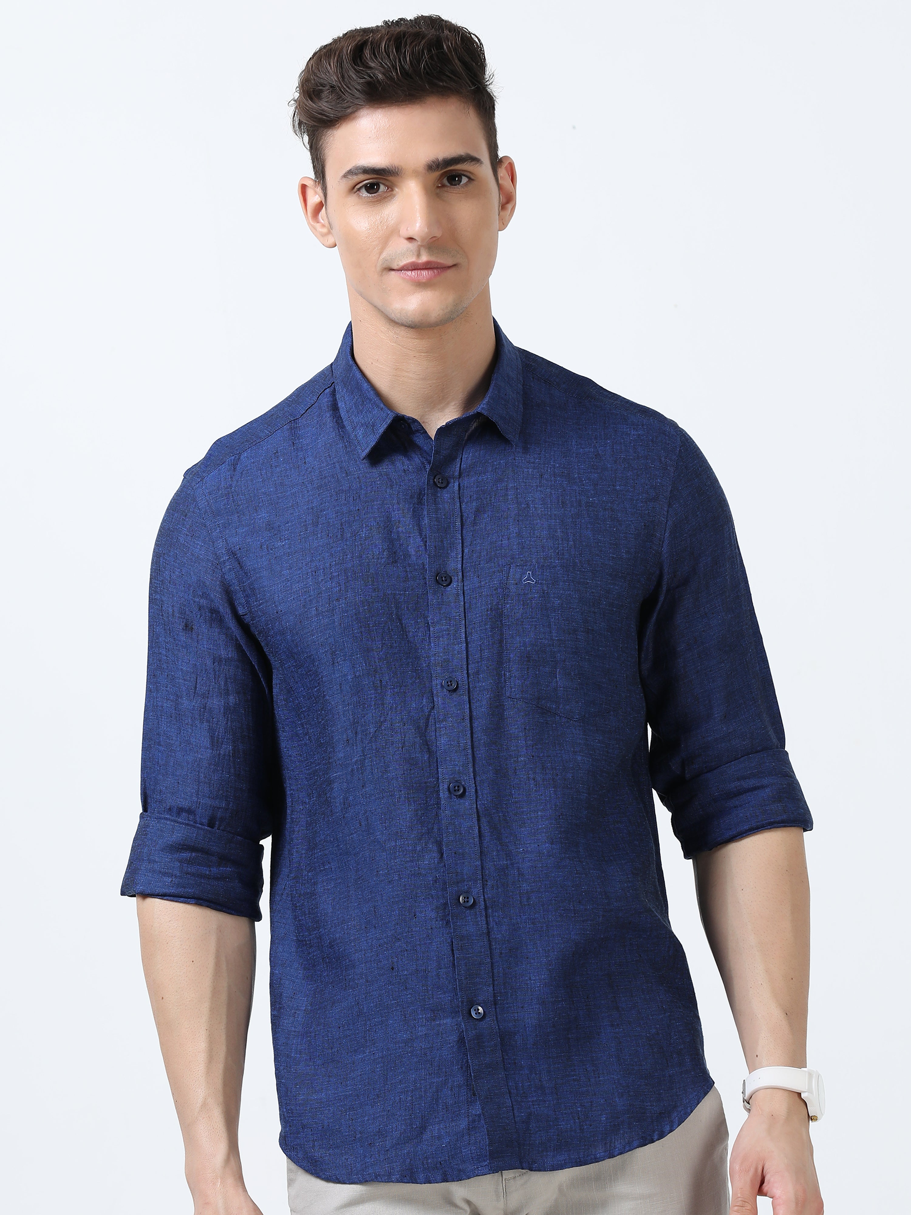 MEN'S LINEN ROYAL BLUE SOLID SLIM FIT SHIRT