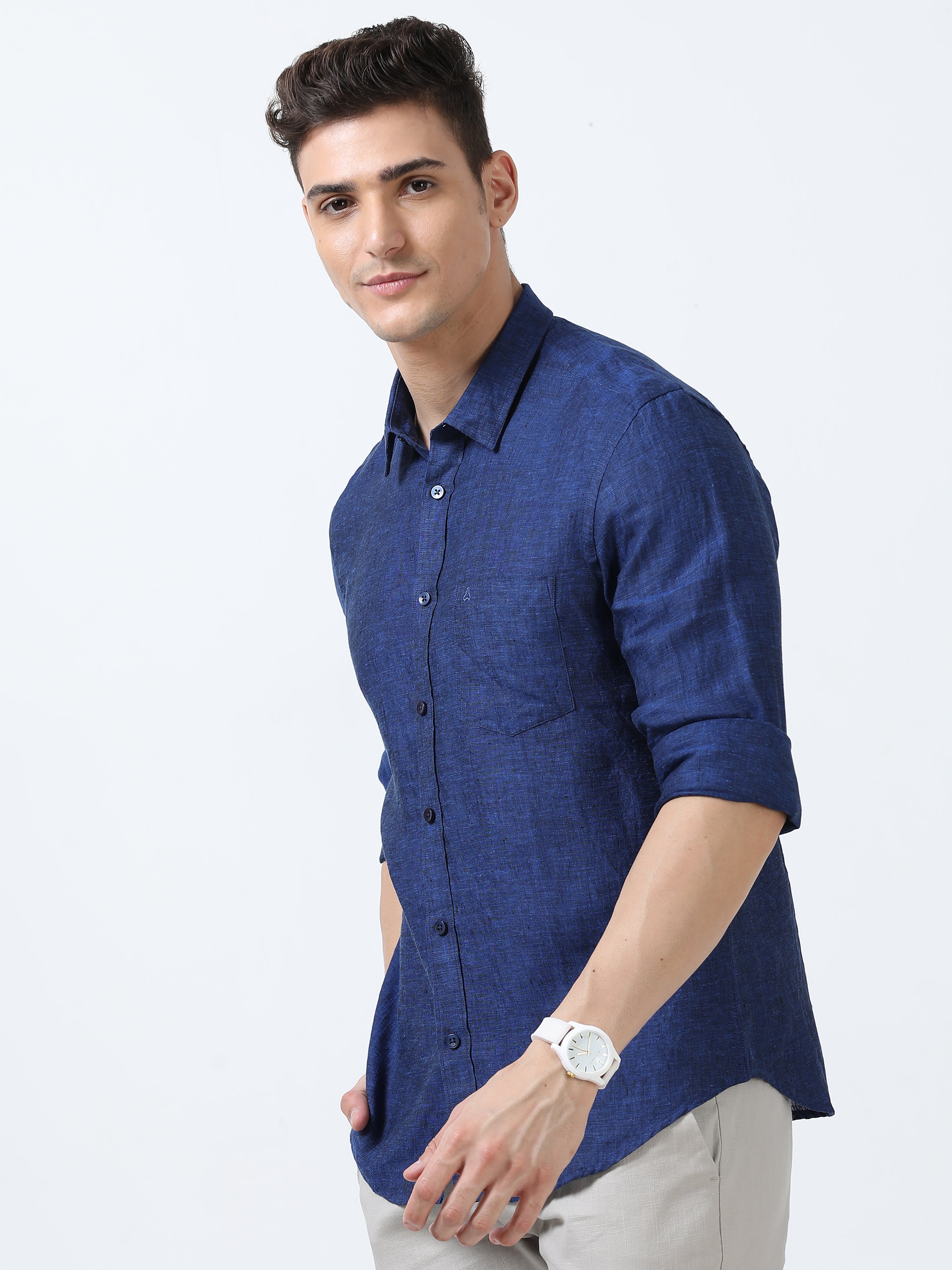 MEN'S LINEN ROYAL BLUE SOLID SLIM FIT SHIRT