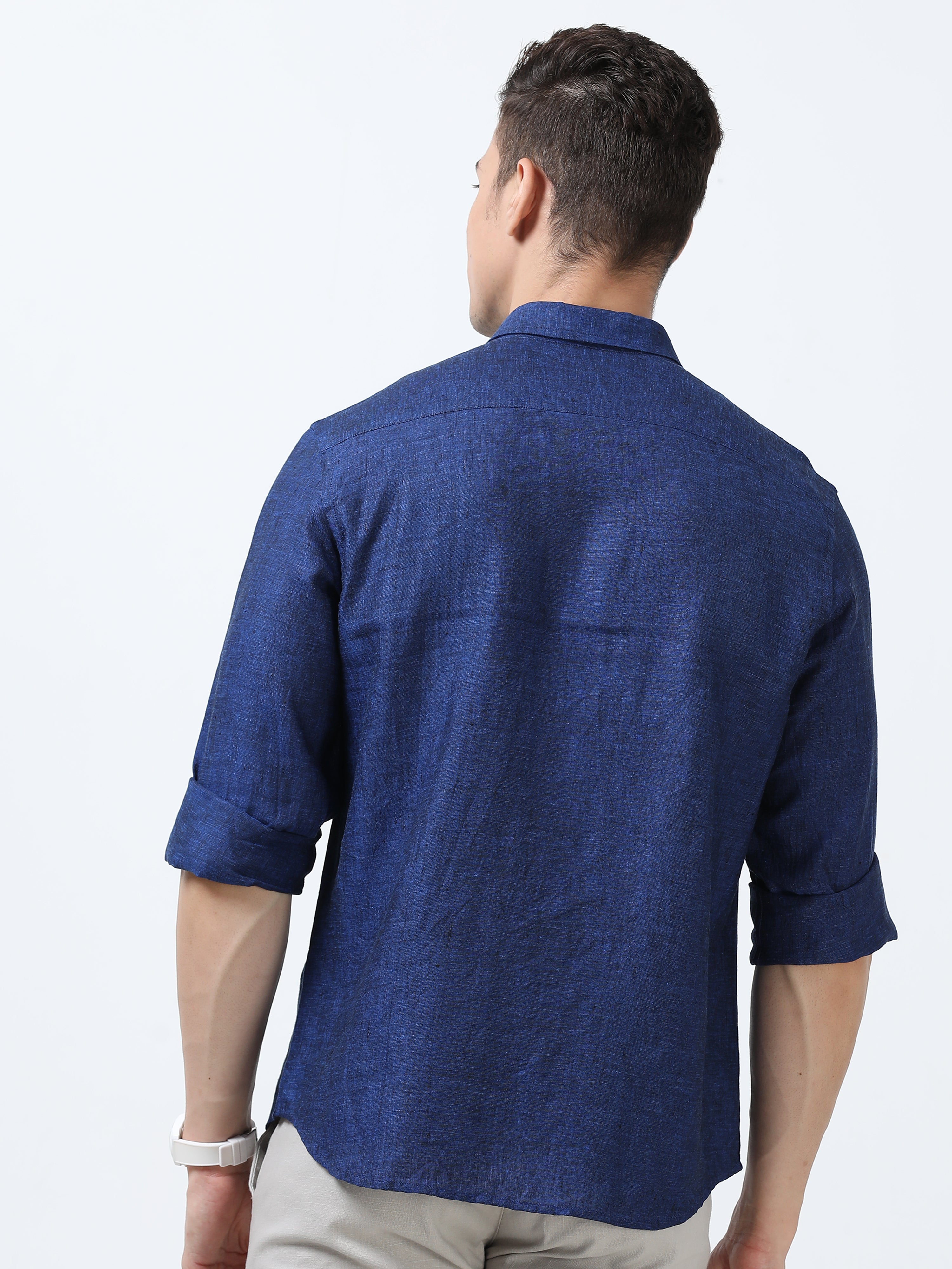 MEN'S LINEN ROYAL BLUE SOLID SLIM FIT SHIRT