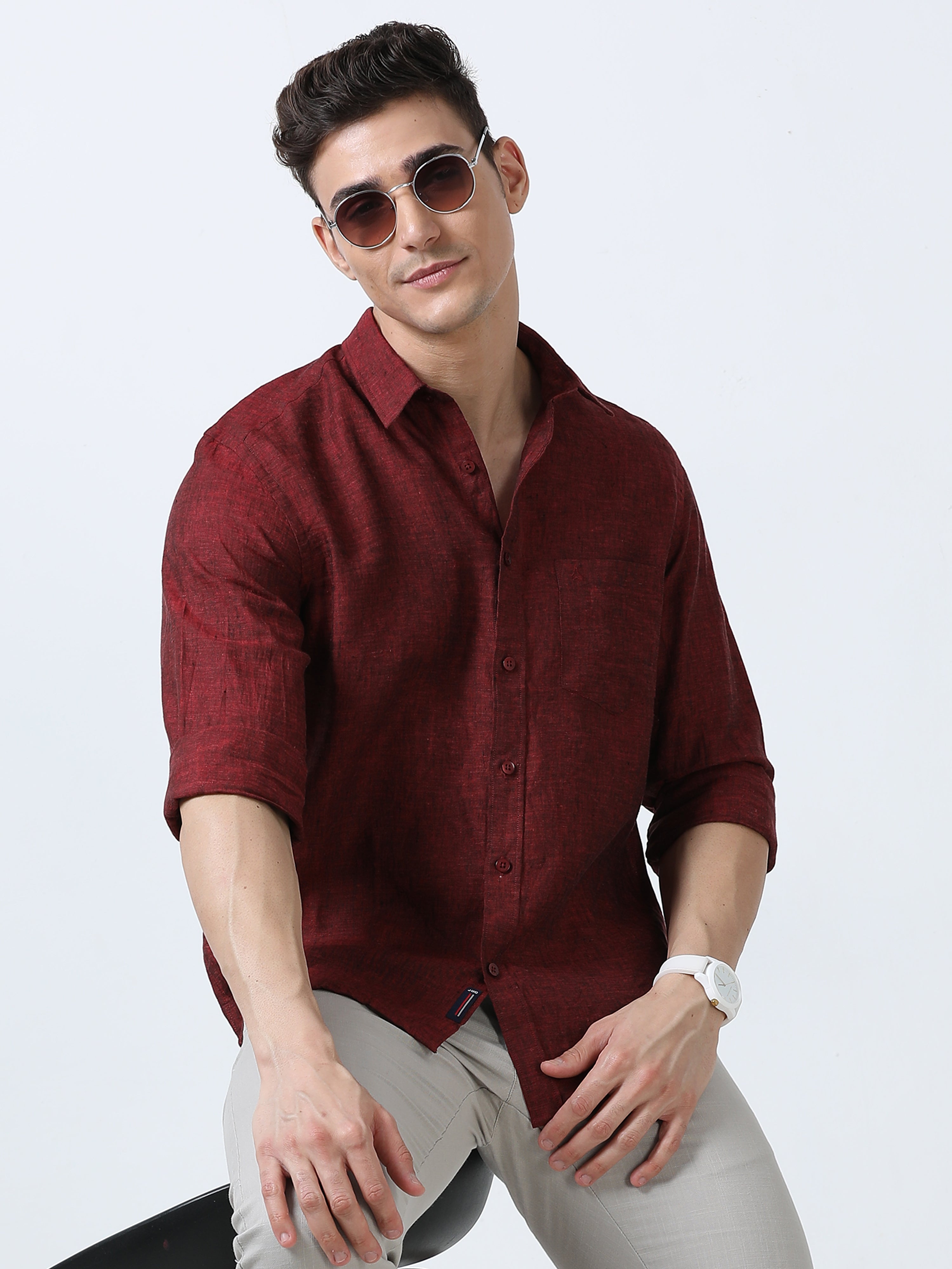 MEN'S LINEN MAROON SOLID SLIM FIT SHIRT