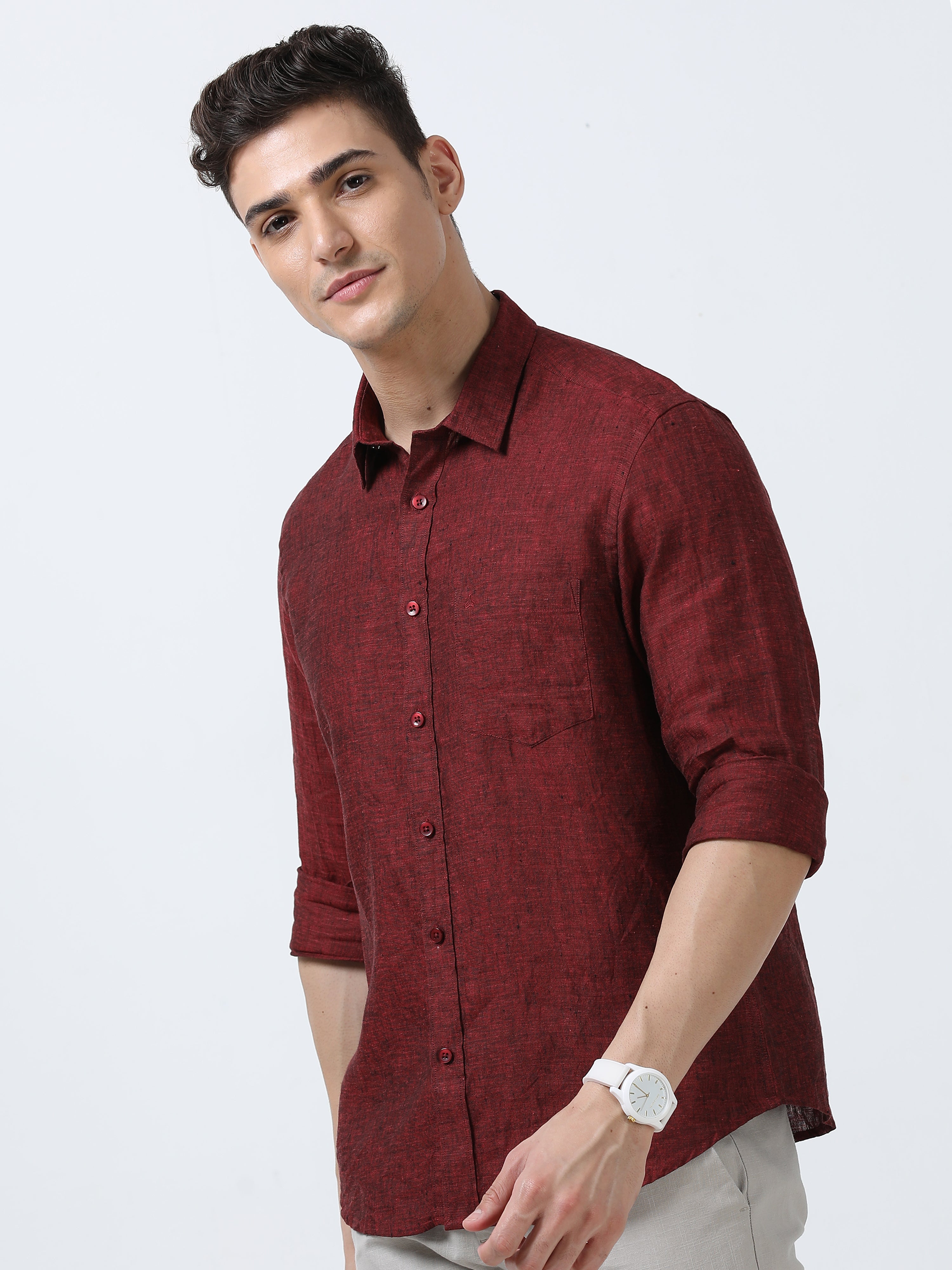 MEN'S LINEN MAROON SOLID SLIM FIT SHIRT
