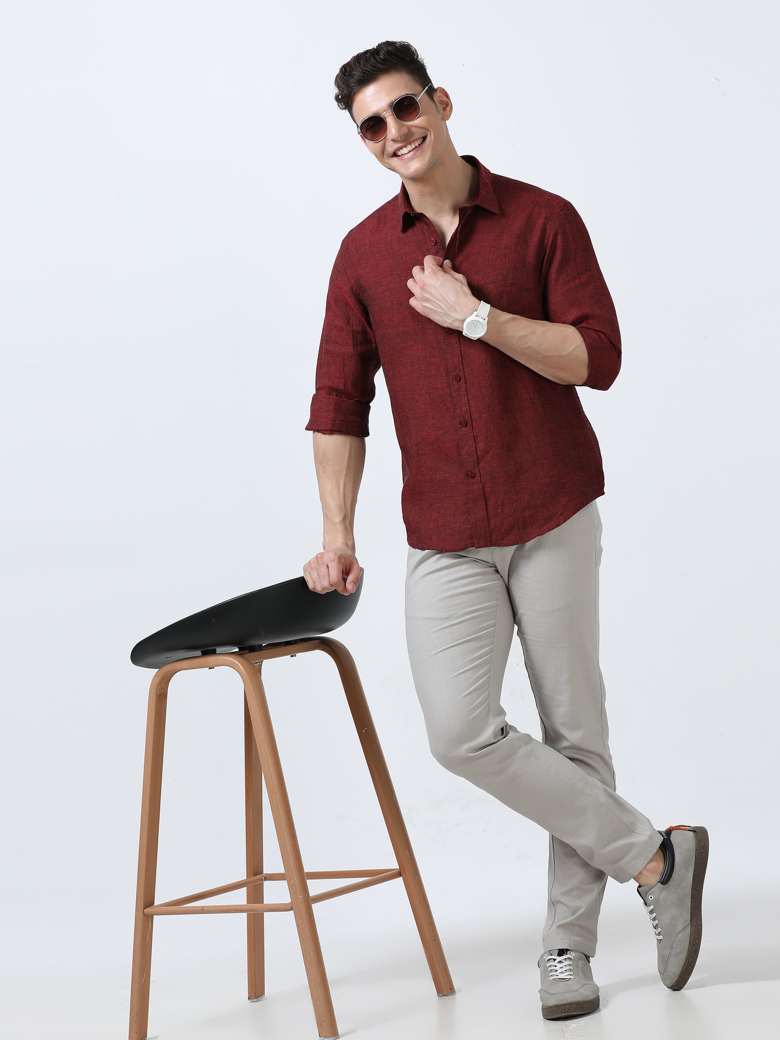 MEN'S LINEN MAROON SOLID SLIM FIT SHIRT