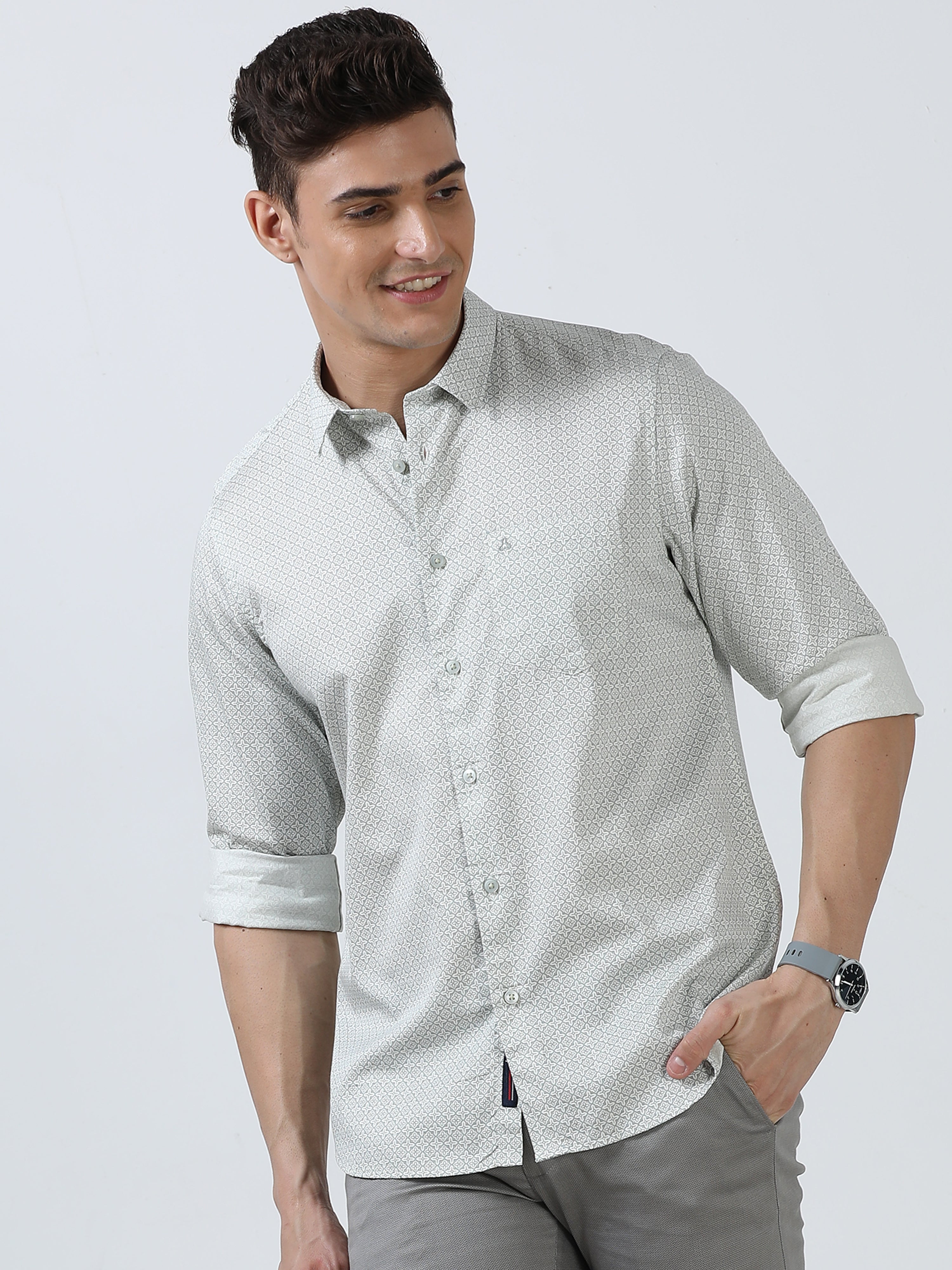 MEN'S WHITE PRINT SLIM FIT SHIRT
