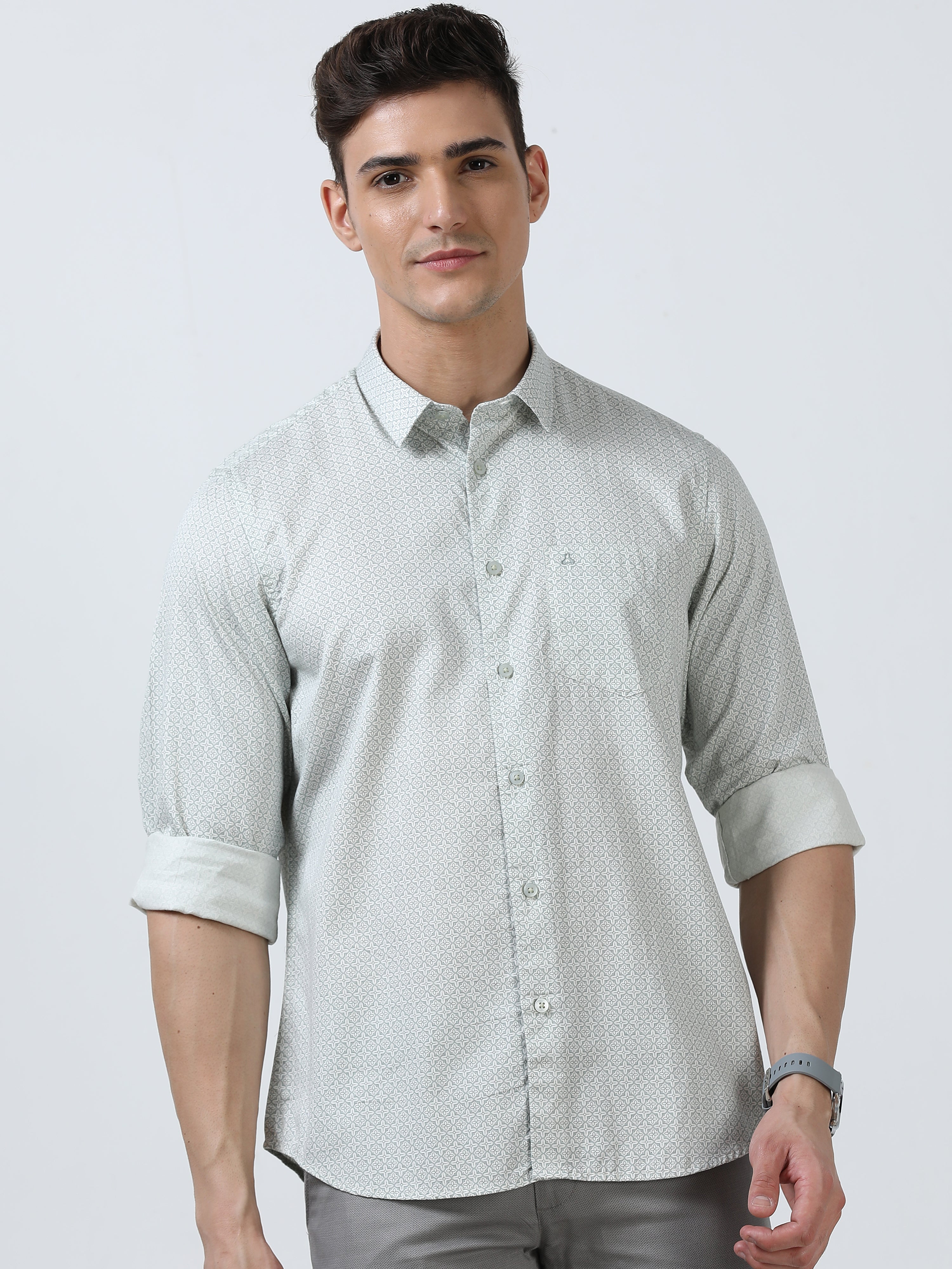 MEN'S WHITE PRINT SLIM FIT SHIRT
