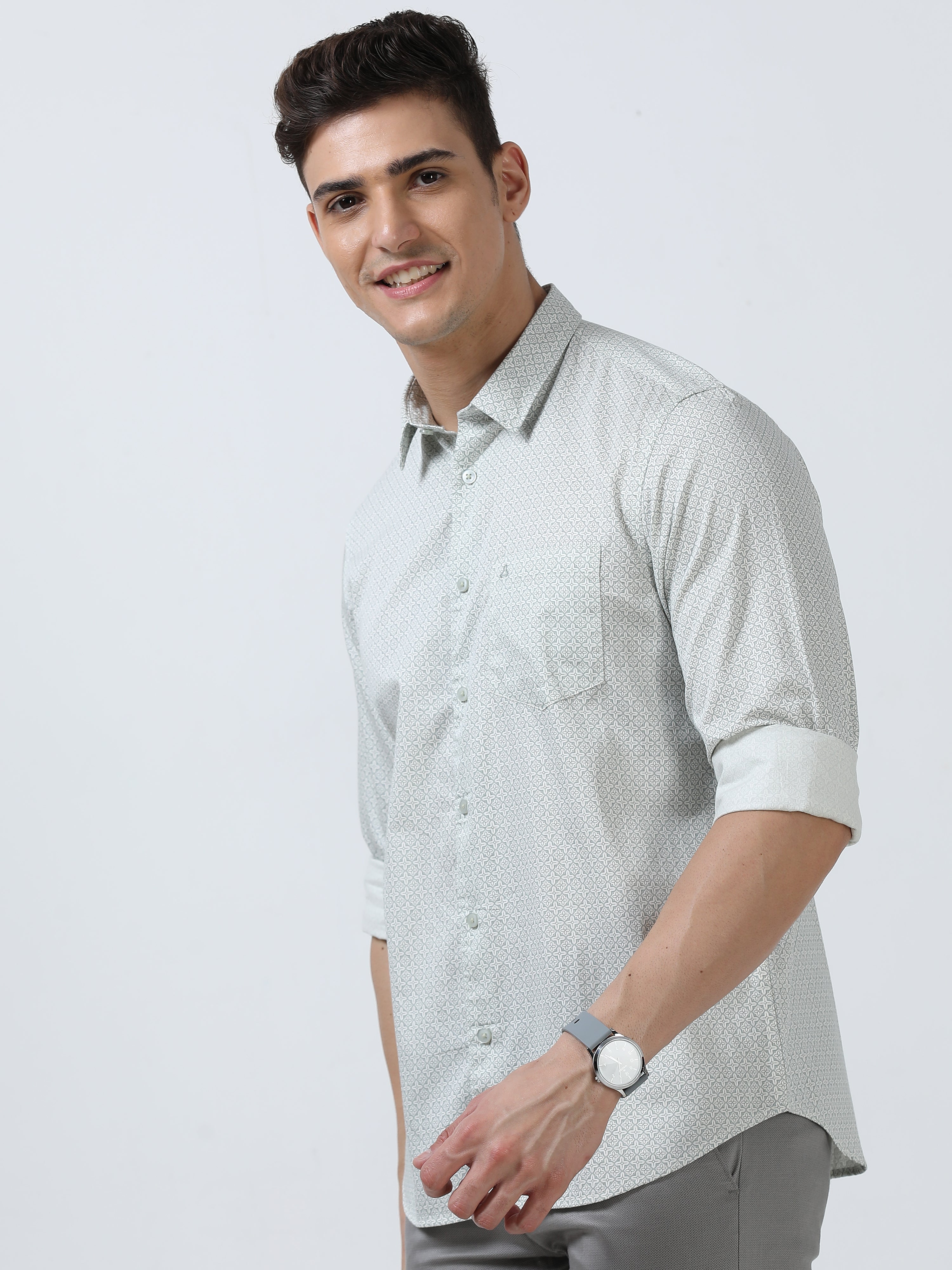 MEN'S WHITE PRINT SLIM FIT SHIRT