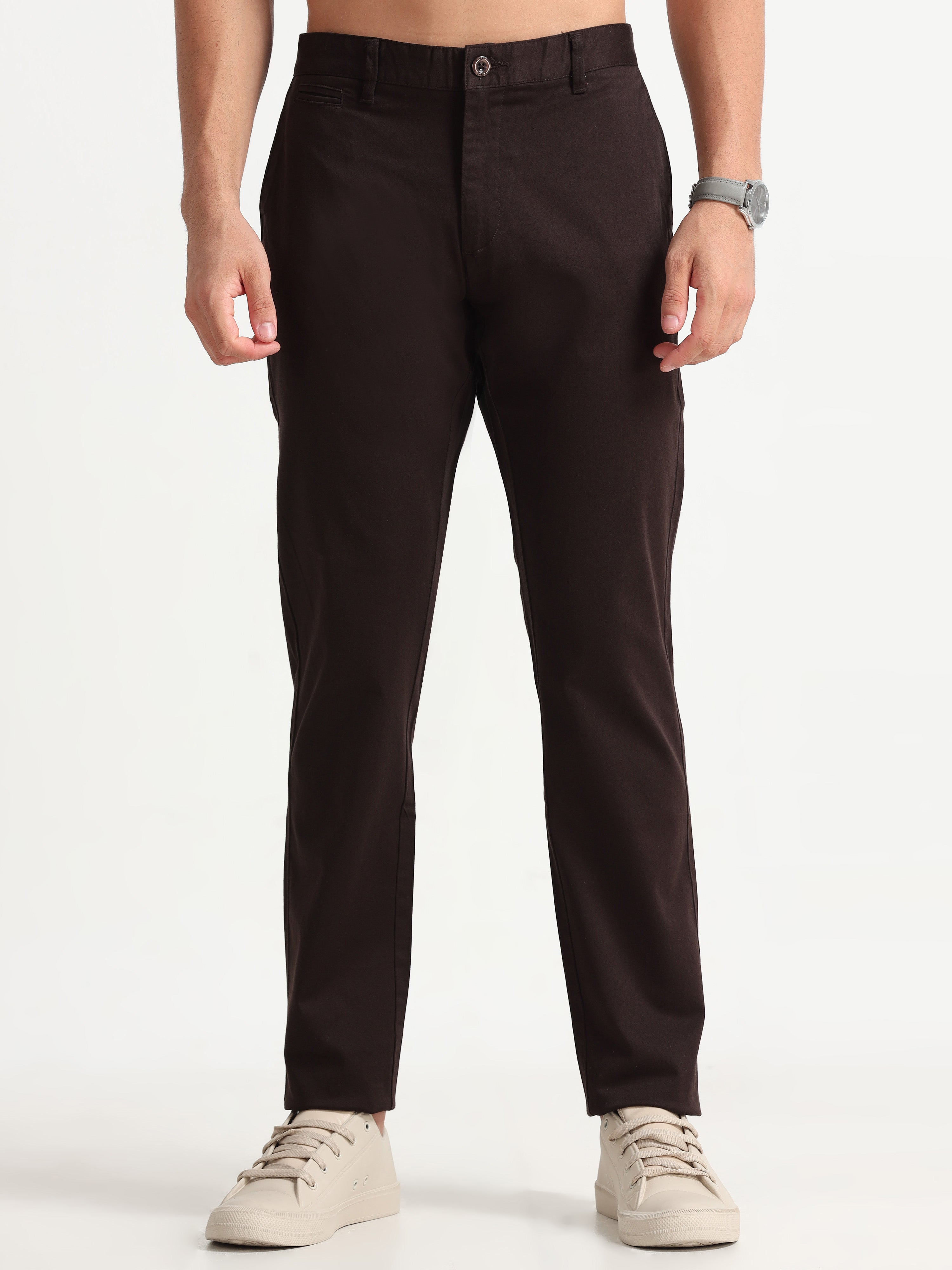 MEN'S BROWN SOLID SLIM FIT TROUSER