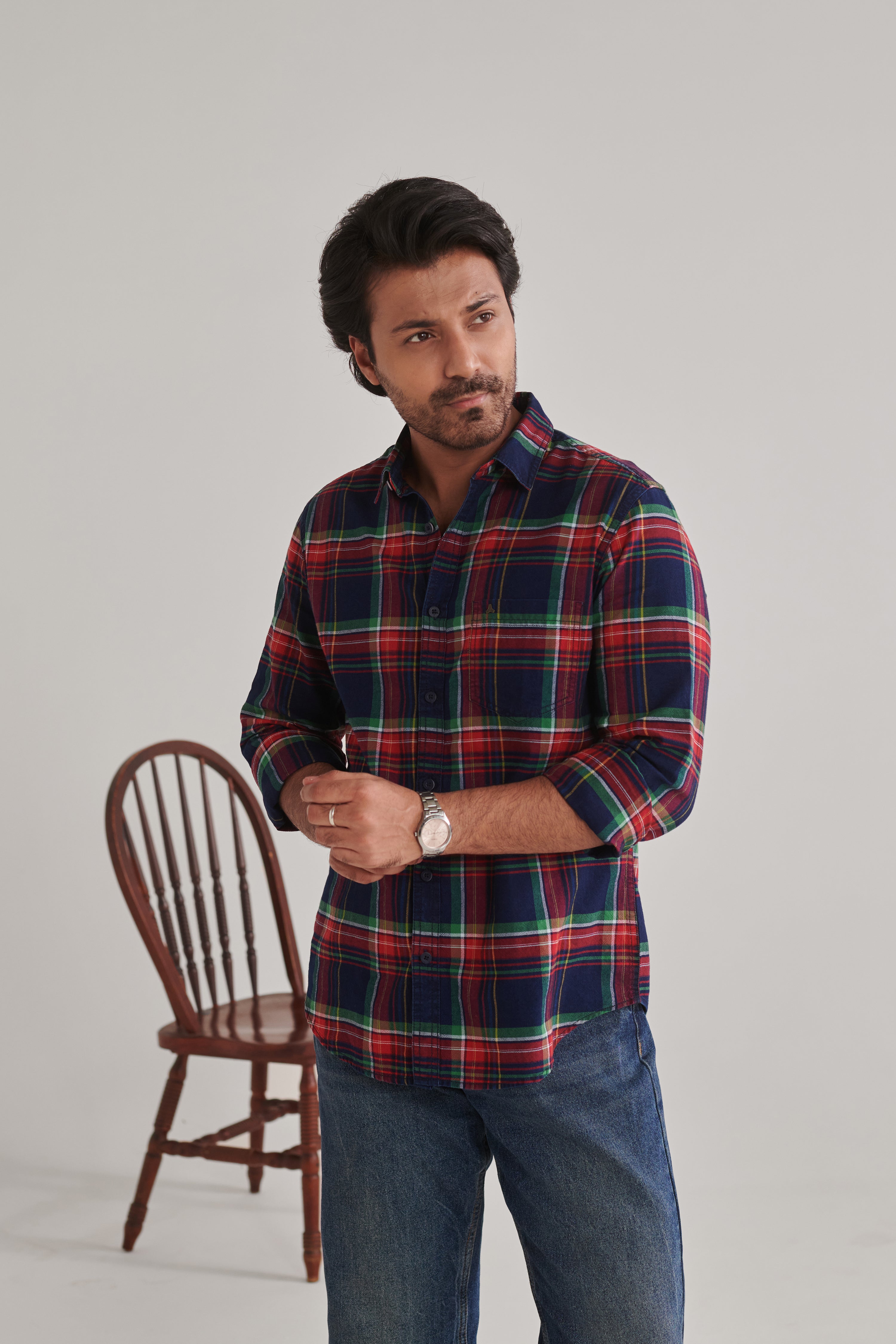 MEN'S GREEN INDIGO CHECKS SLIM FIT SHIRT