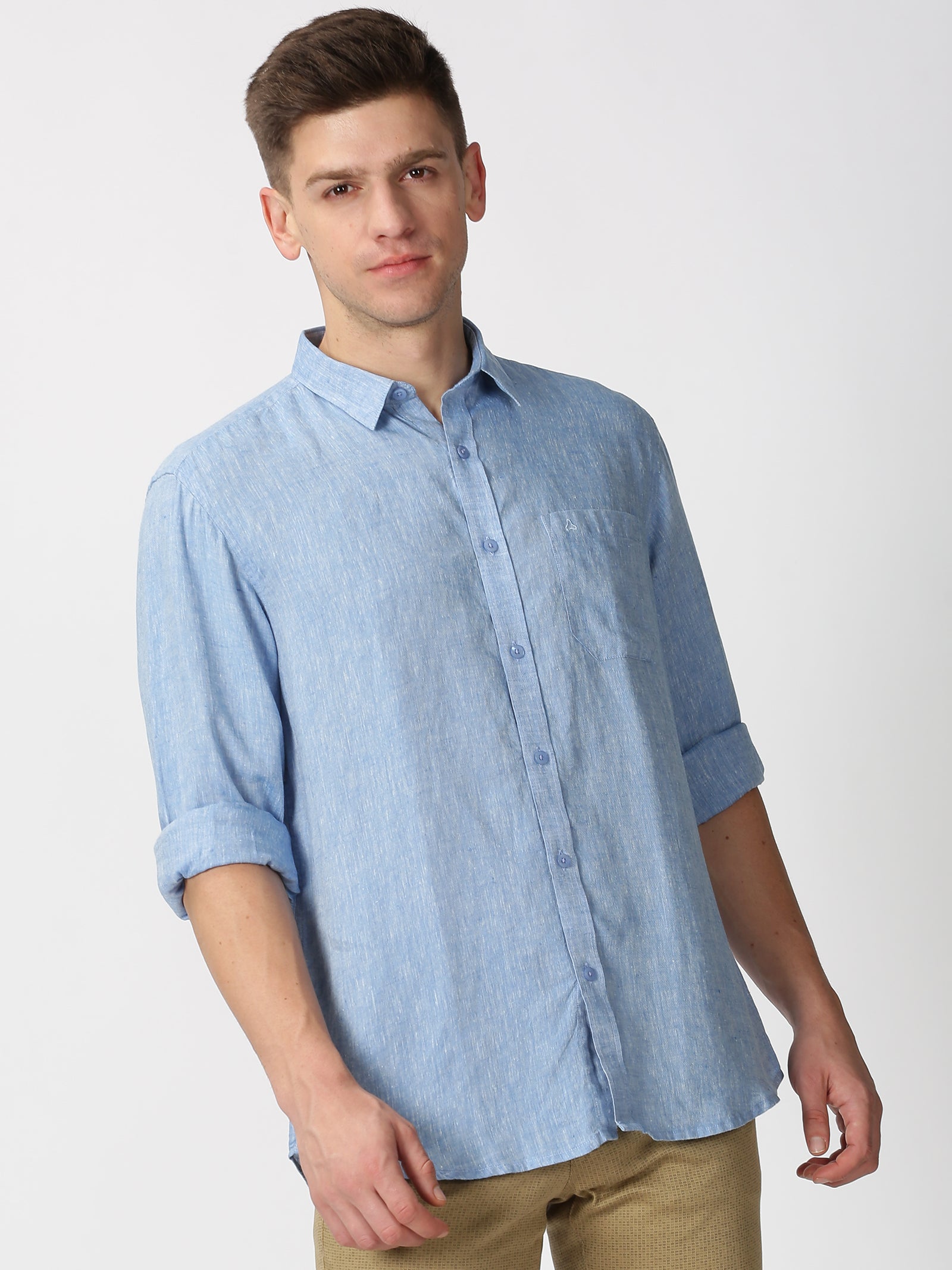 MEN'S LINEN NAVY BLUE SOLID SLIM FIT SHIRT