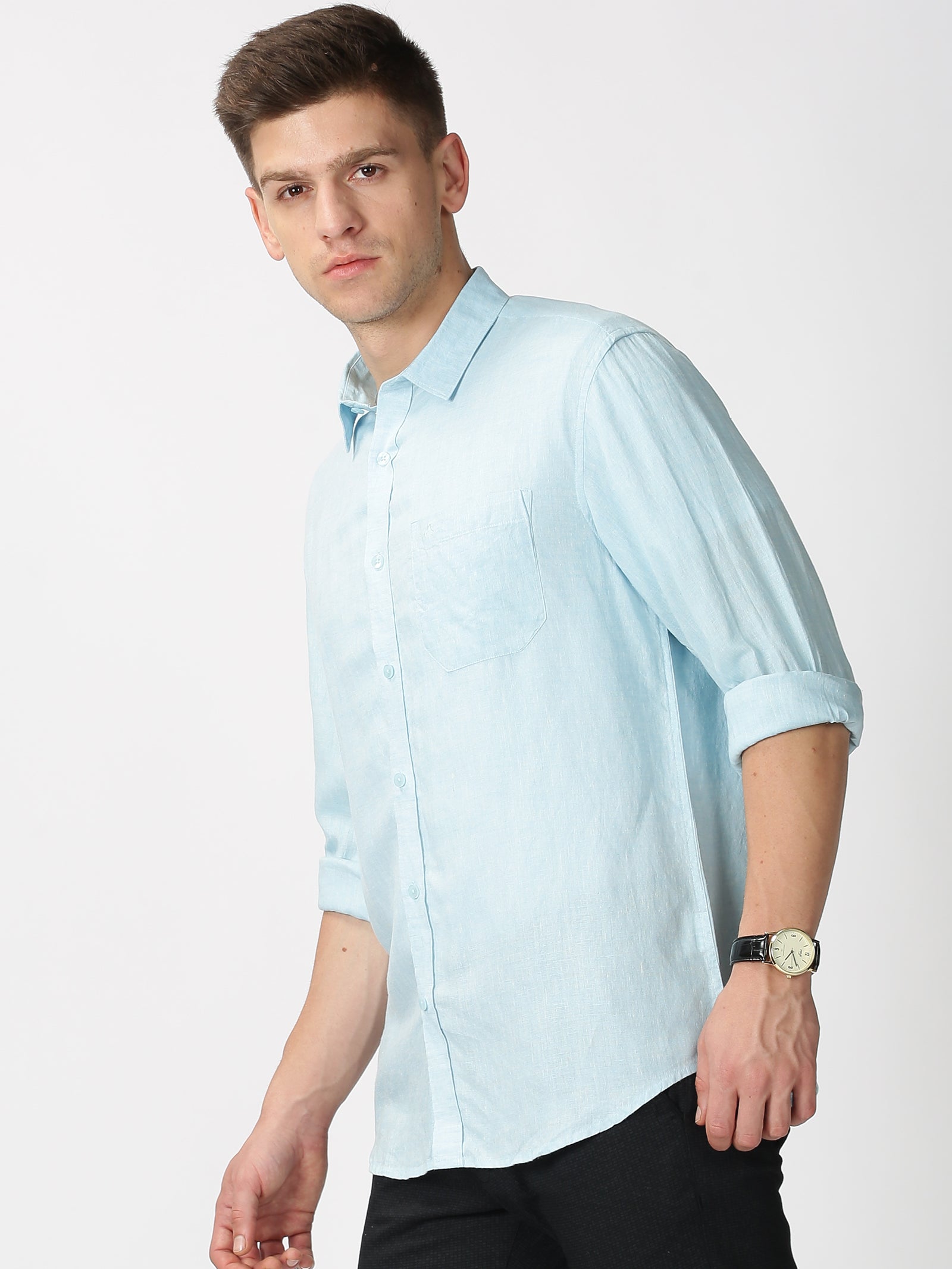 MEN'S LINEN SEA BLUE SOLID SLIM FIT SHIRT