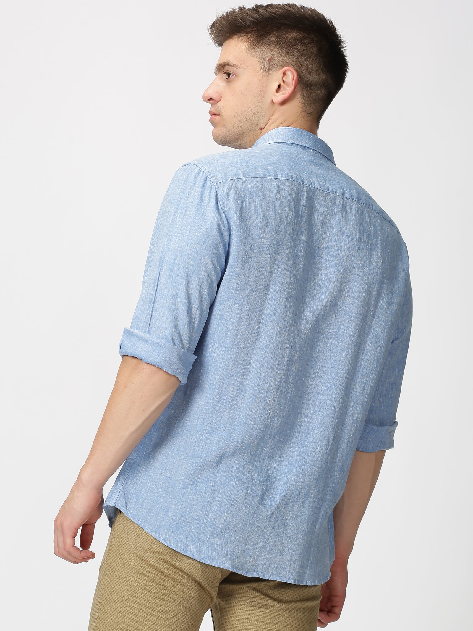 MEN'S LINEN NAVY BLUE SOLID SLIM FIT SHIRT