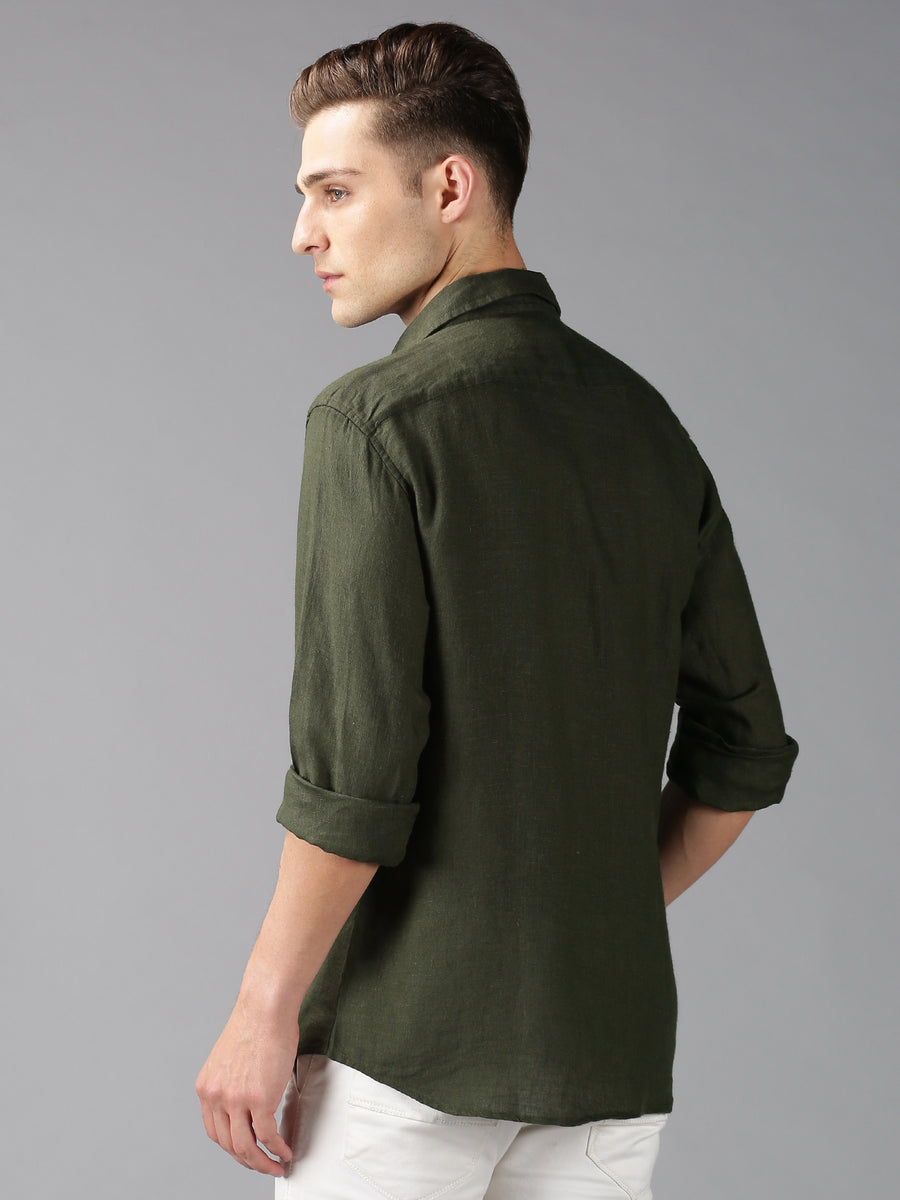 BASICS SLIM FIT BUTTERNUT OLIVE COTTON LINEN SHIRT-23BSH49795