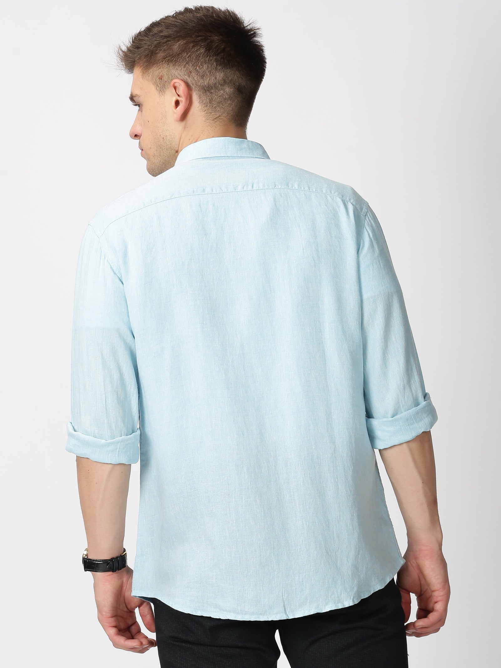 MEN'S LINEN SEA BLUE SOLID SLIM FIT SHIRT