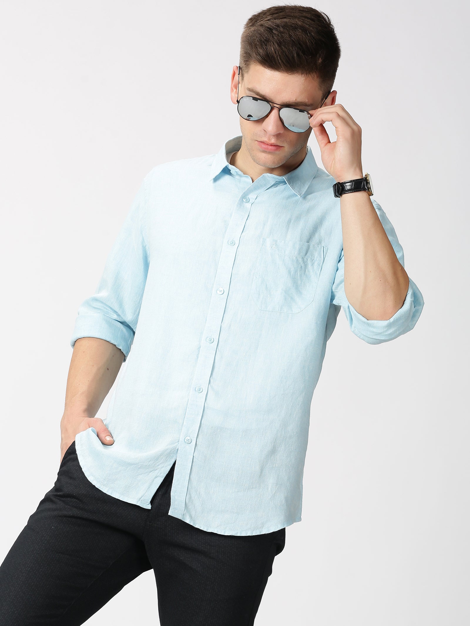 MEN'S LINEN SEA BLUE SOLID SLIM FIT SHIRT