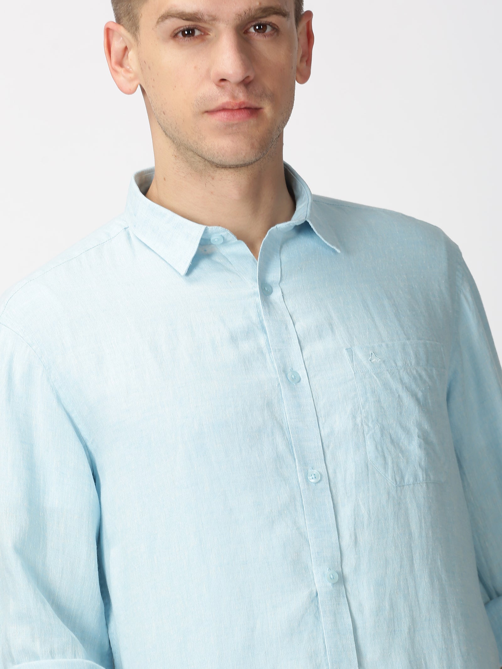 MEN'S LINEN SEA BLUE SOLID SLIM FIT SHIRT
