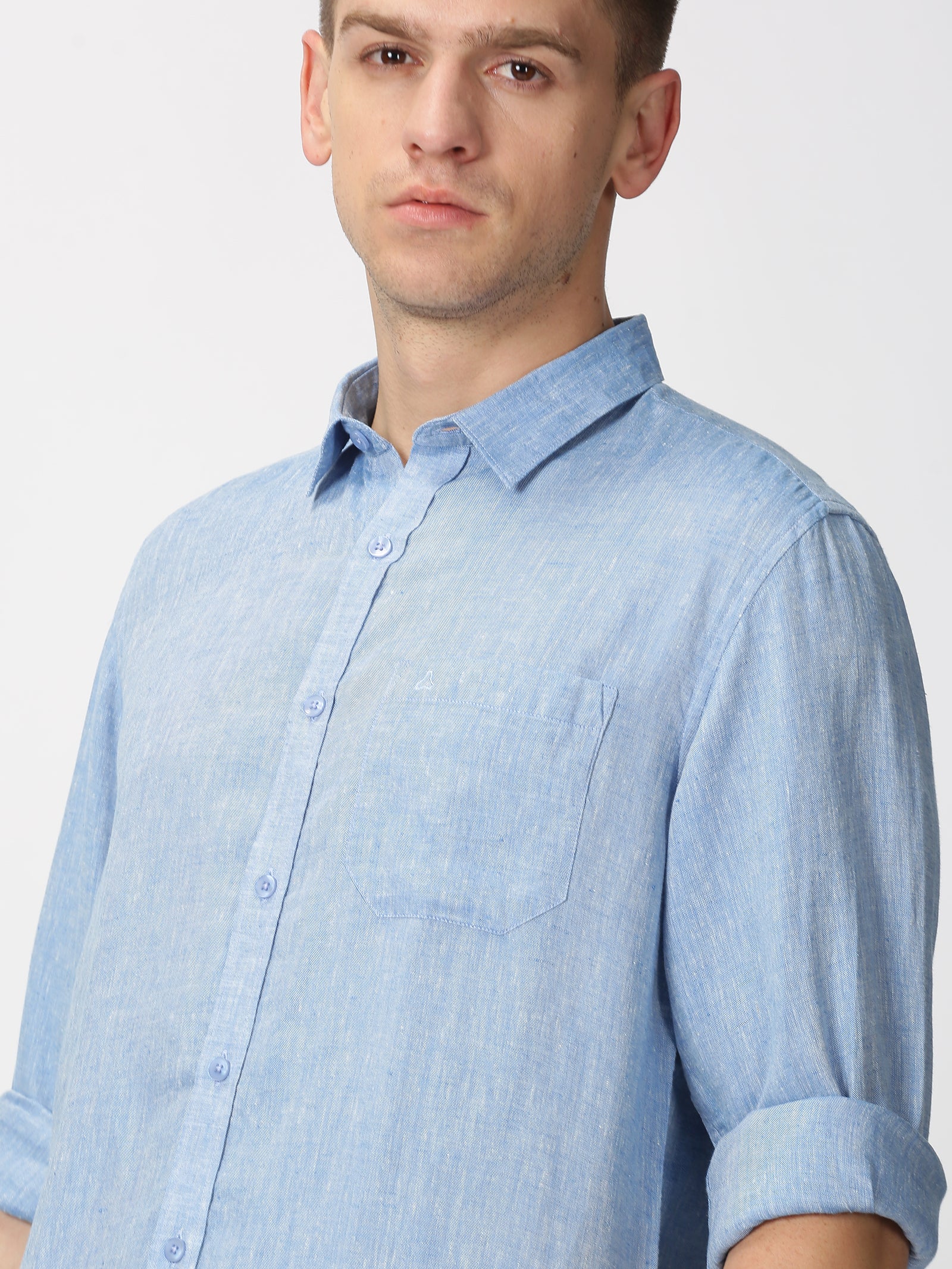 MEN'S LINEN NAVY BLUE SOLID SLIM FIT SHIRT