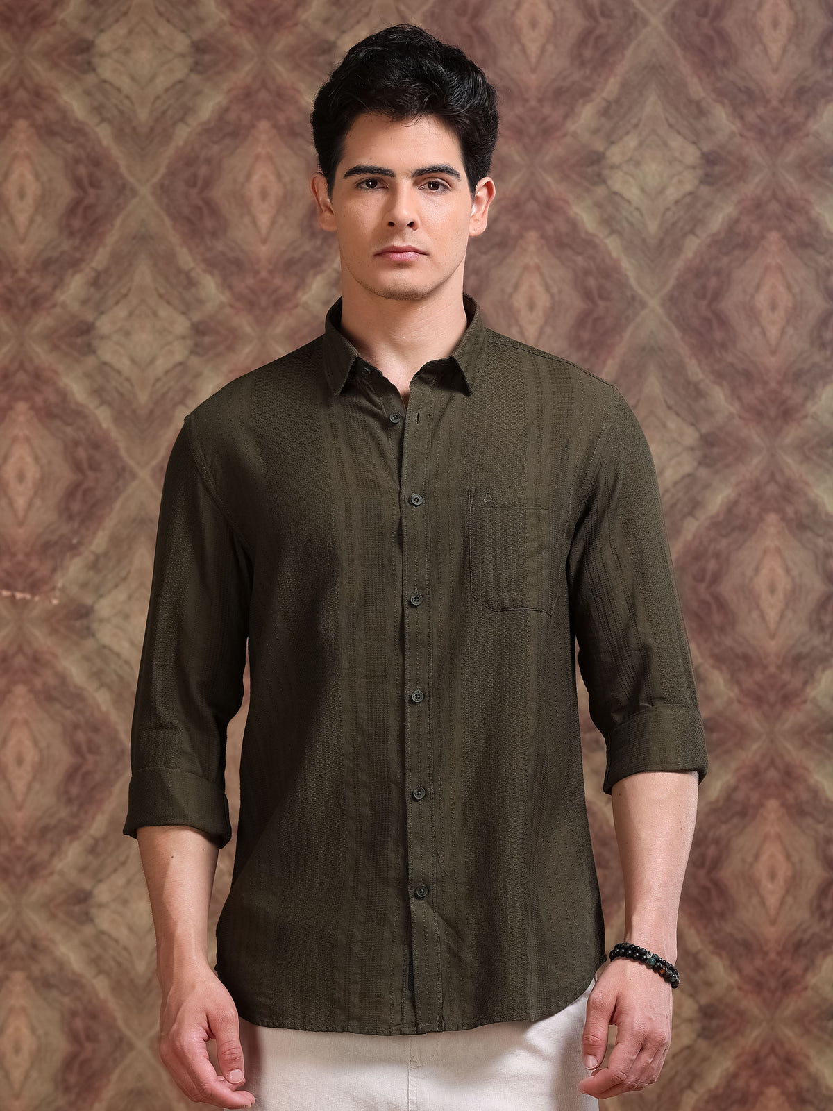 MEN'S OLIVE GREEN SELF DESIGN SLIM FIT SHIRT
