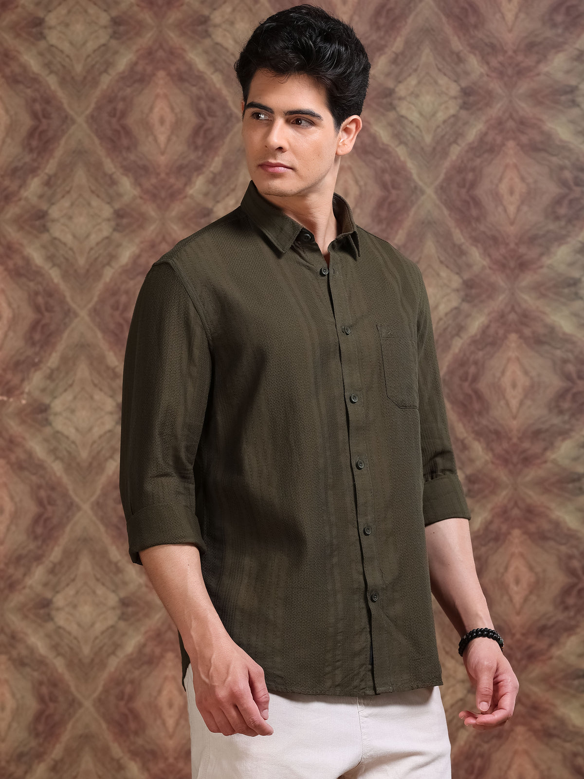 MEN'S OLIVE GREEN SELF DESIGN SLIM FIT SHIRT