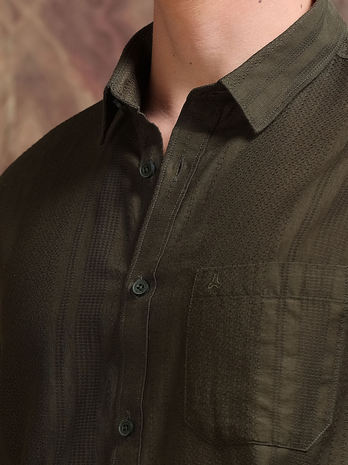 MEN'S OLIVE GREEN SELF DESIGN SLIM FIT SHIRT